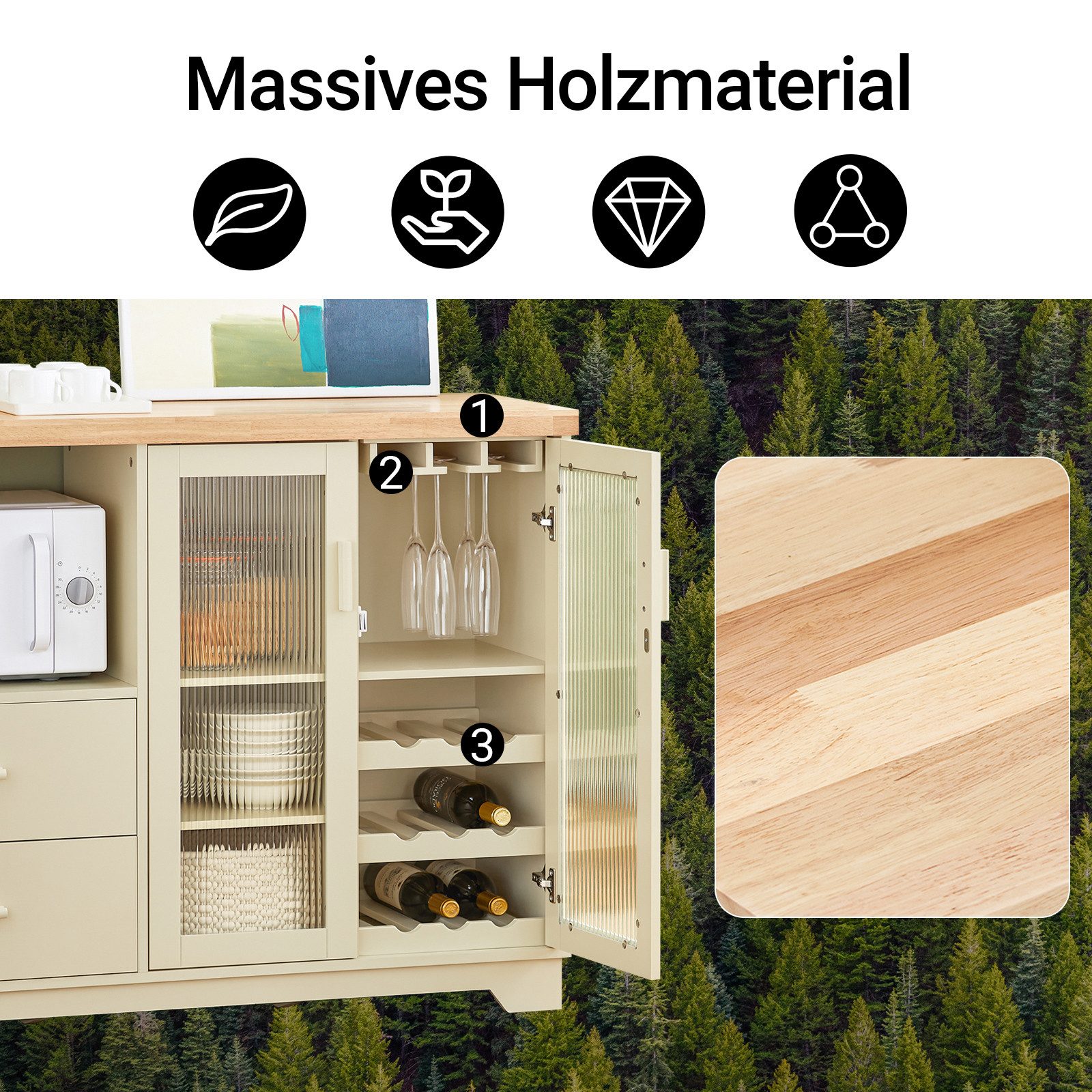 SoBuy Buffet FSB81, Schubladenschrank mit Glastüren, mit Schubladen Weinregal Sideboard Küchenschrank Kommode Flurschrank Mikrowellenschrank