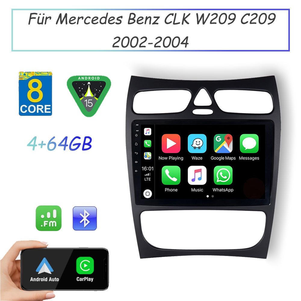 A-Sure Für Mercedes Benz CLK C209 2002-2004 4+64GB Android 15 GPS Navi 8 Core Autoradio (Digitalradio (DAB), FM, AM, 1280*800 IPS Screen/8-Core CPU)