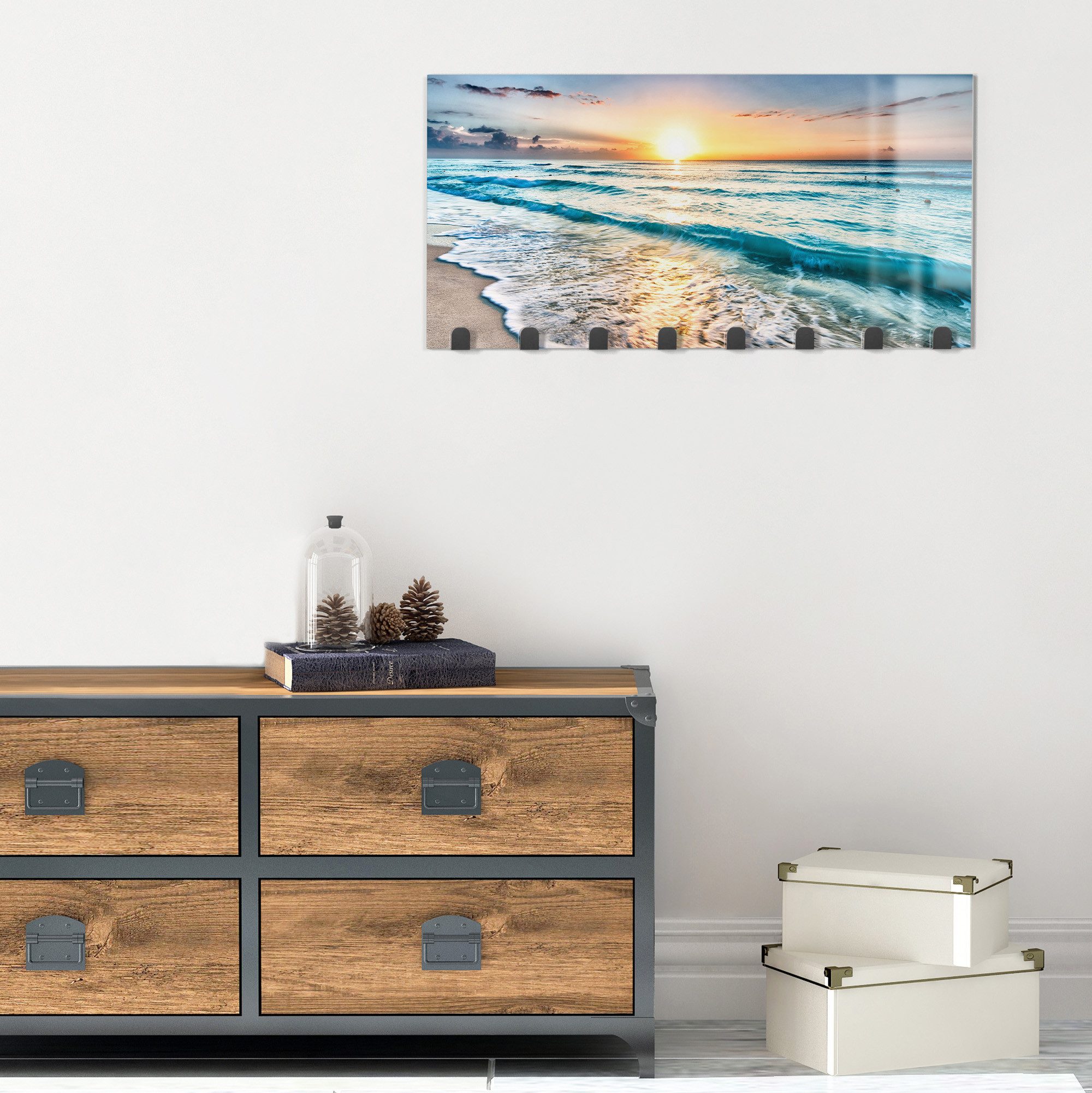 DEQORI Kleiderhaken 'Küste im Morgenlicht', Glas Garderobe Paneel magnetisch beschreibbar