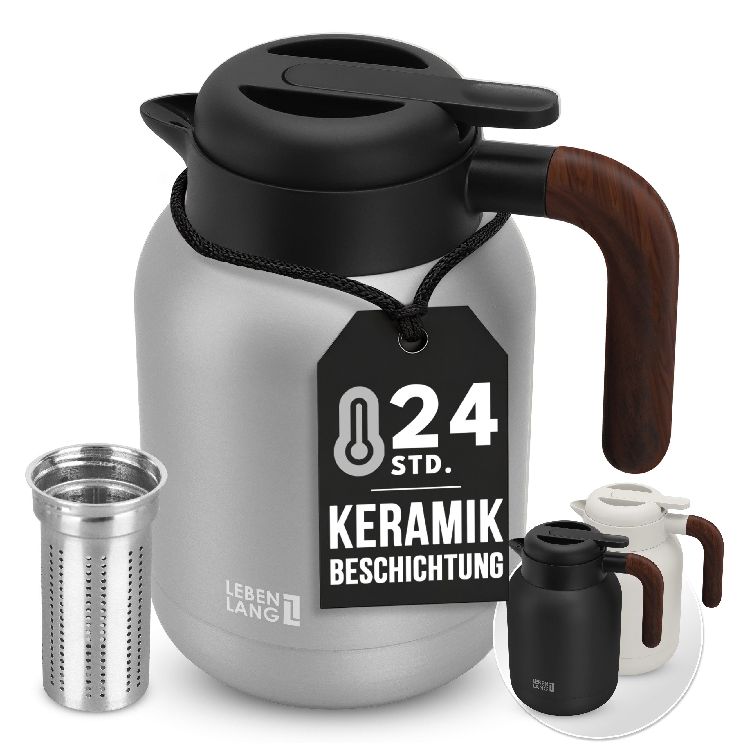 Lebenlang Isolierkanne 1,5L Thermoskanne inkl. Teesieb - Kaffee & Tee - Heiß & Kalt, 1.5 l, Innenwand aus Keramikbeschichtung, Auslaufsicher, Drehdeckel