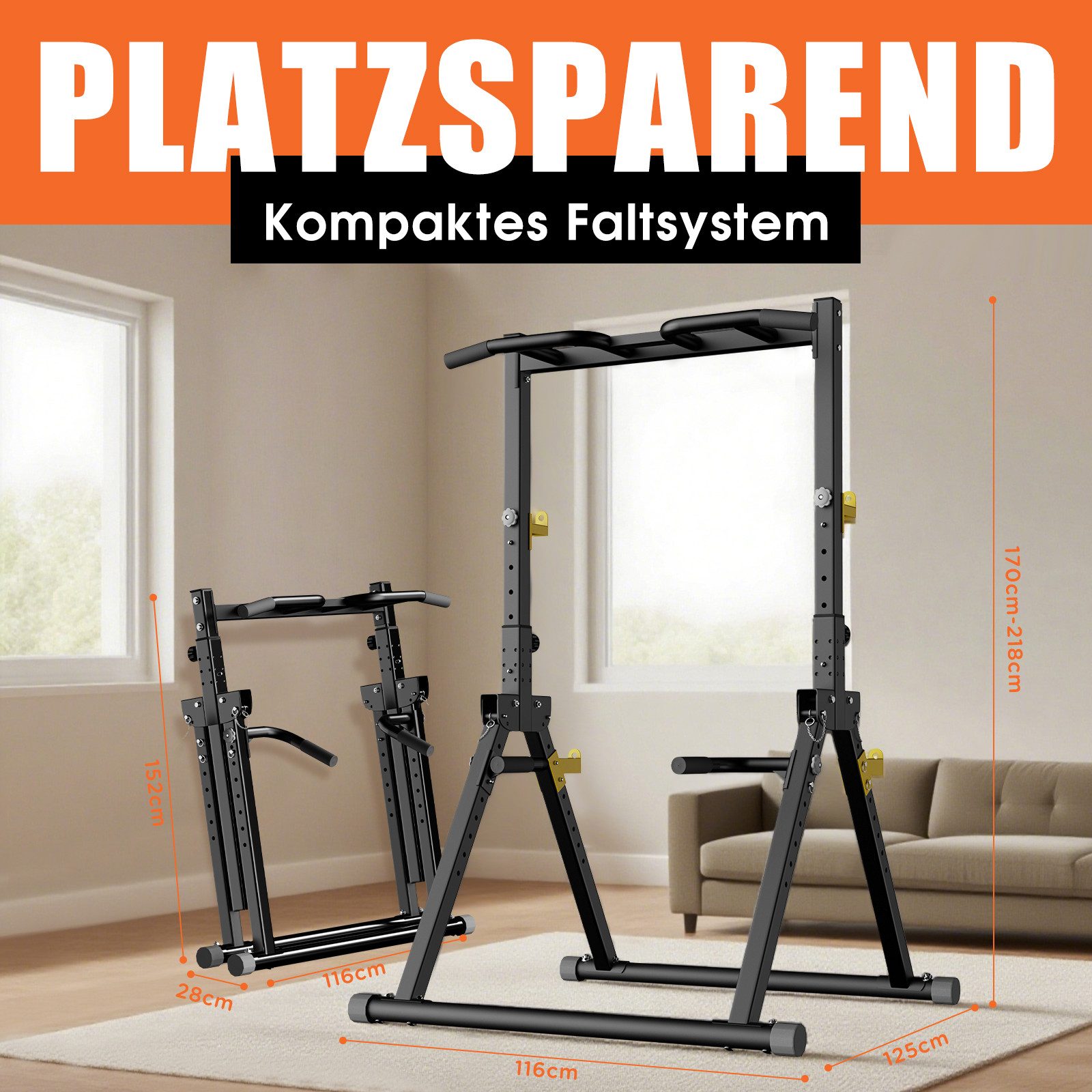 DH FitLife Kraftstation Power Tower Dip Station, (Set, verstellbar, mit Dip-Barren, Klimmzugstange, Hantelablagen), Belastung bis 150 kg, ideal für Home Gym