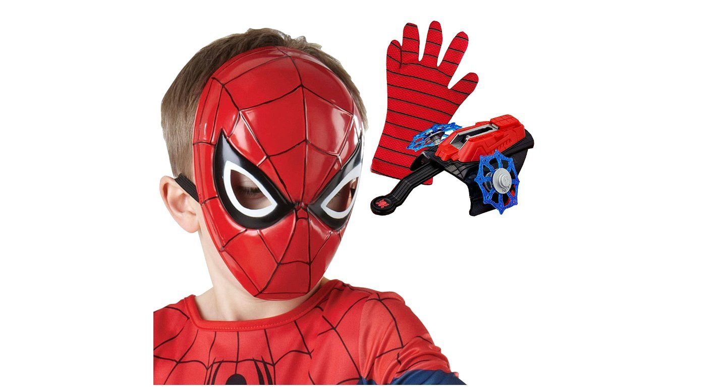 Festivalartikel Verkleidungsmaske Spiderman Kinder-Set: Maske & Handschuh mit Netzwerfer, hochwertig