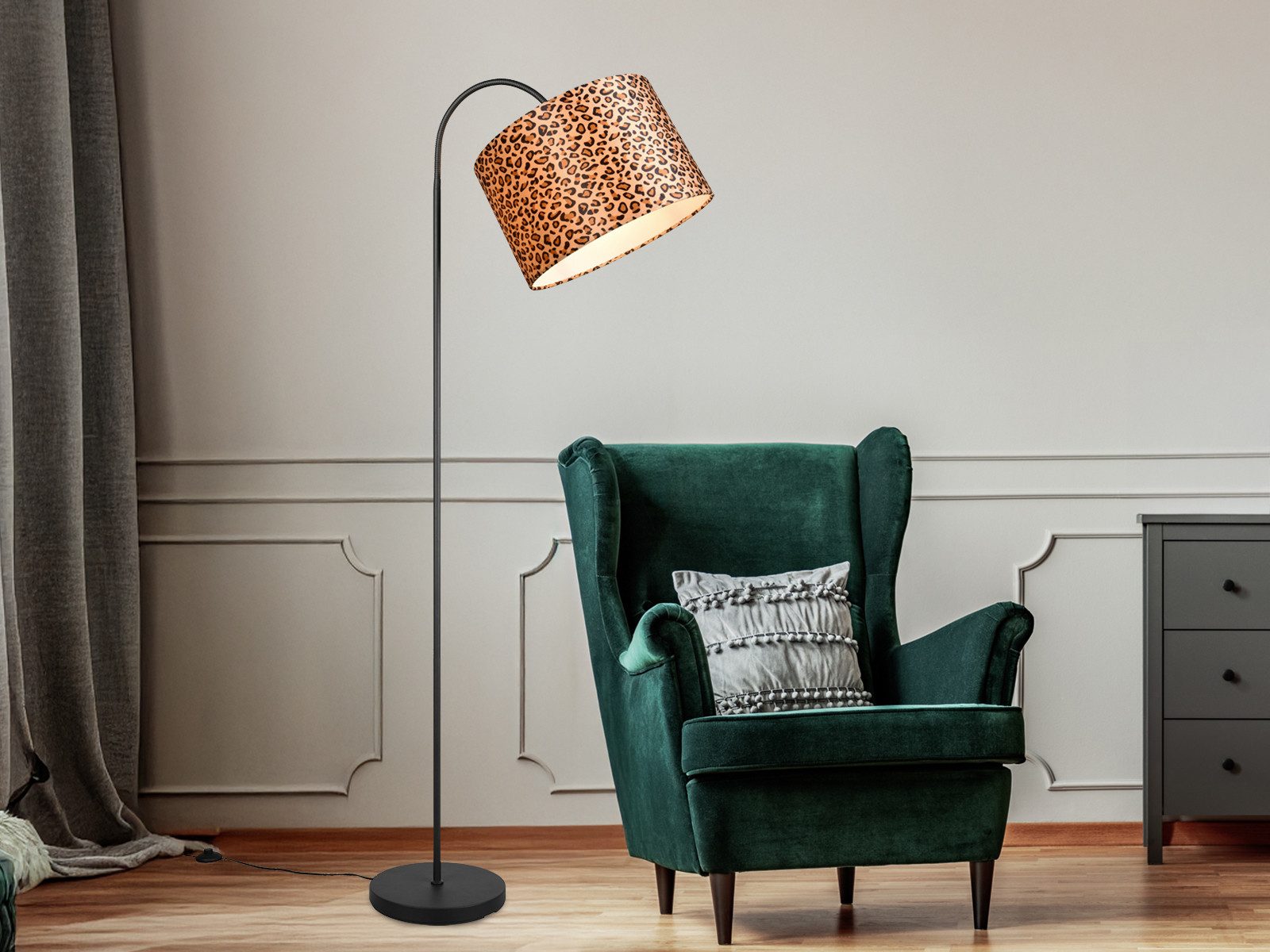 Reality Leuchten LED Stehlampe Stoffschirm Leopardenmuster Höhe 156cm, dimmbar, LED wechselbar, warmweiß, groß-e ausgefallene besondere Wohnzimmer-lampe Ecke st – Bild 5 von 5