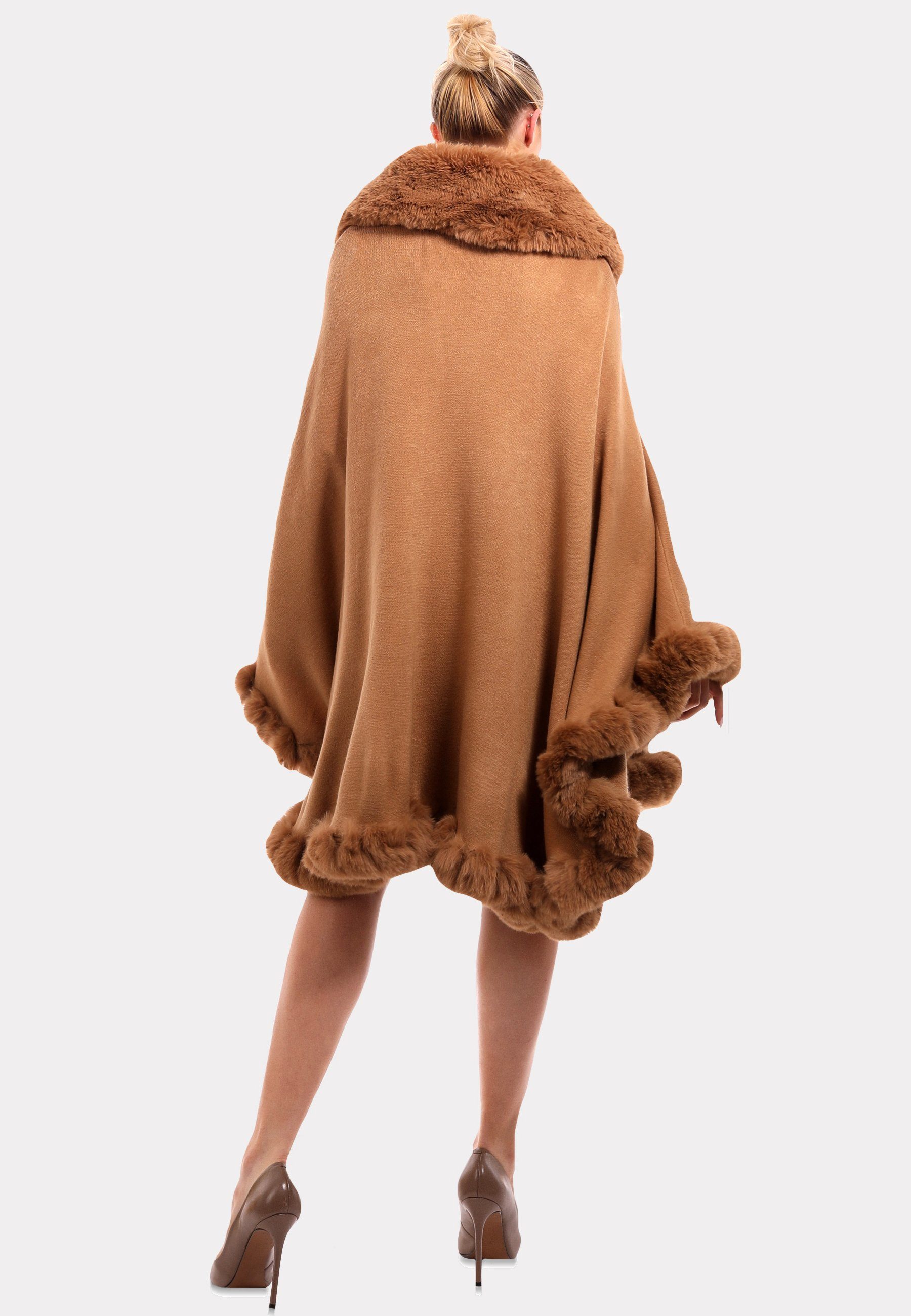 & Poncho (1-St) camel Luxuriösem YC mit in Style Fließender Poncho Fashion Kunstpelz-Besatz" Unifarbe "Edler