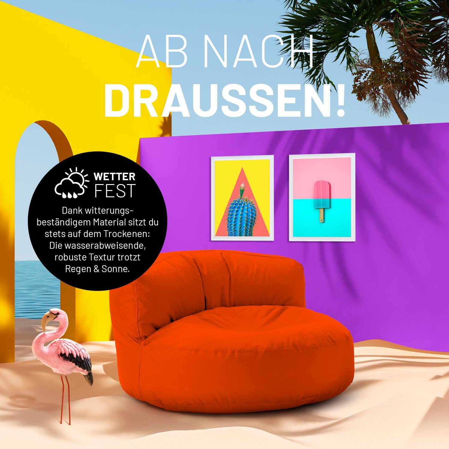 Lumaland Sitzsack Round Bag Couch Lounge, 90x90x50cm In-& Rückenlehne orange inkl. Sofa Sitzkissen Bean Outdoor
