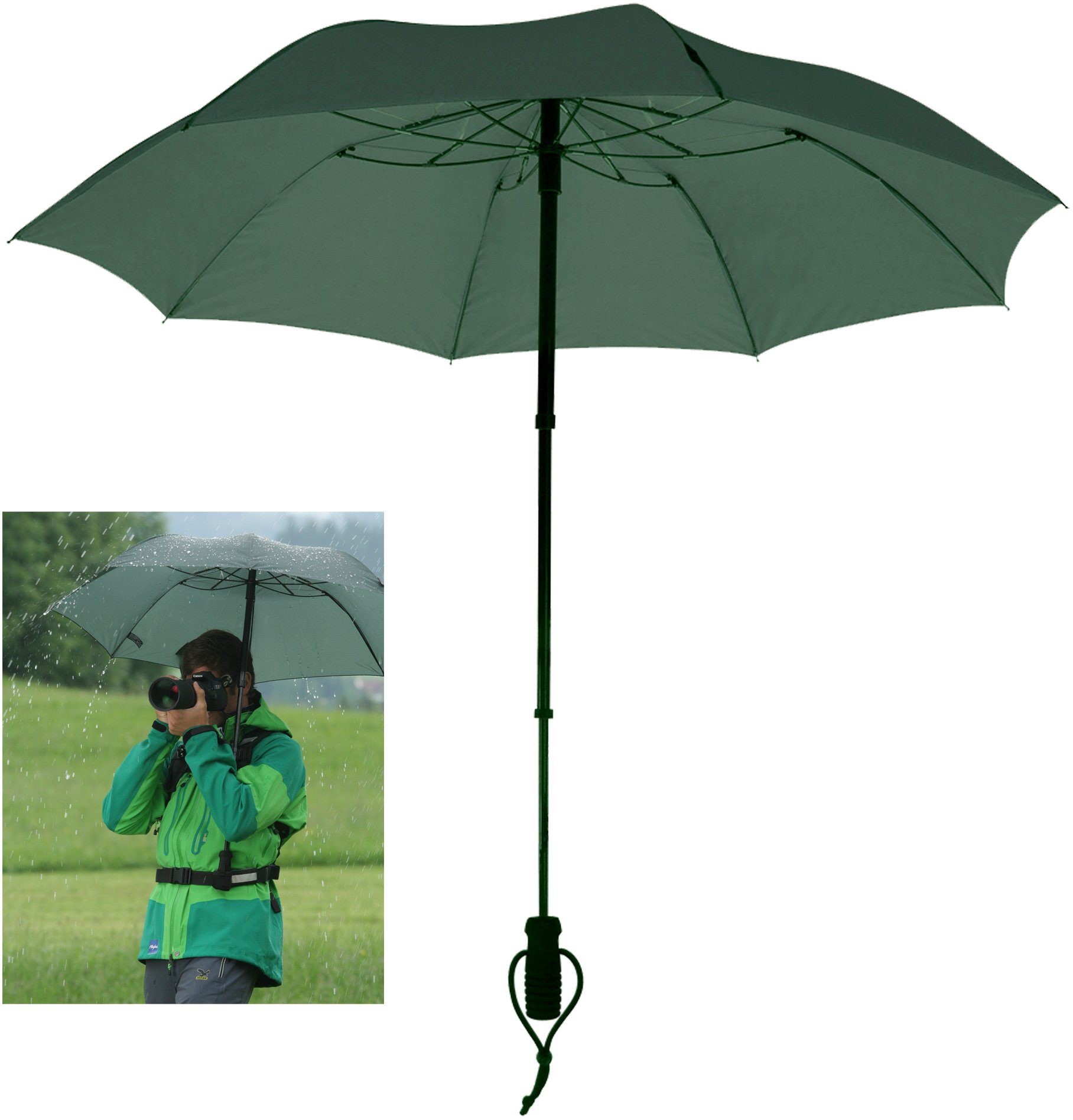 EuroSCHIRM® Taschenregenschirm teleScope handsfree, olivgrün, zweifach ausziehbarer Schaft, handfrei tragbar