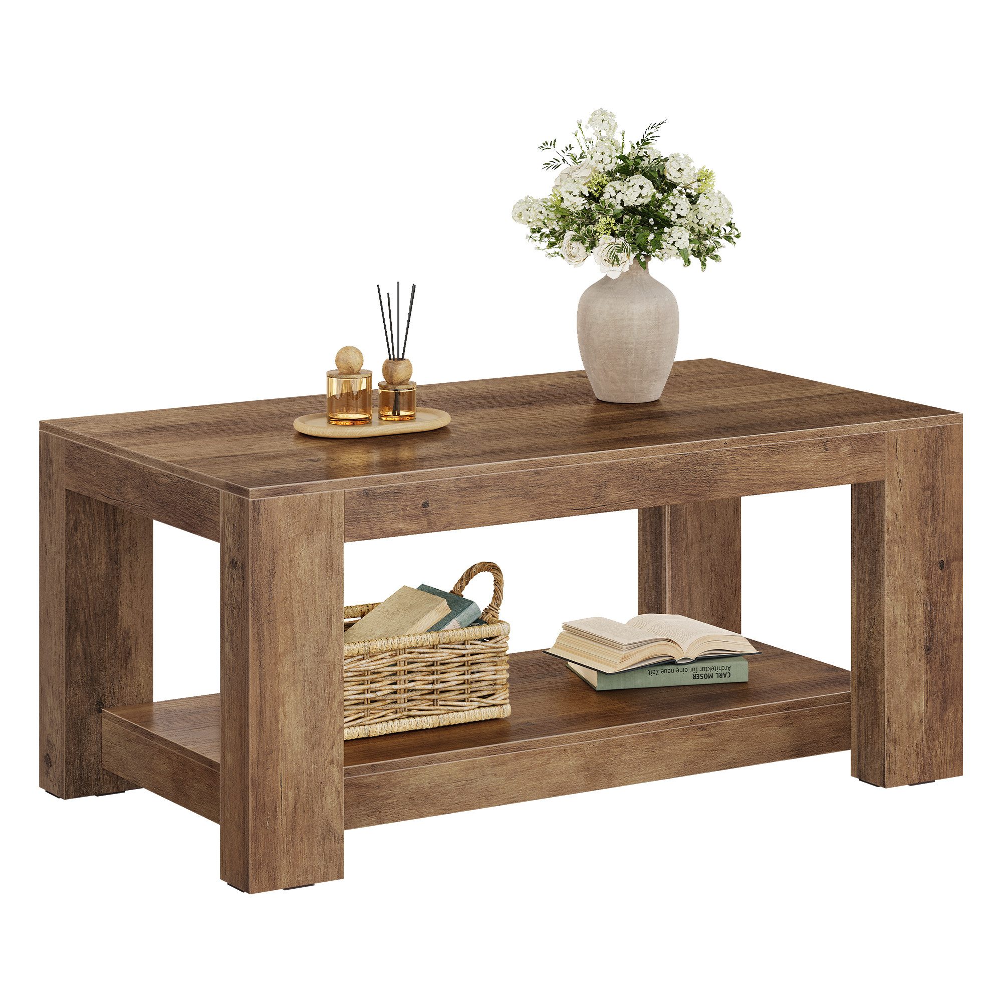 VASAGLE Couchtisch Wohnzimmertisch rechteckig mit Ablage, Dicke Tischplatte, Sofatisch Holz, im Landhausstil, 100 x 55 x 45 cm