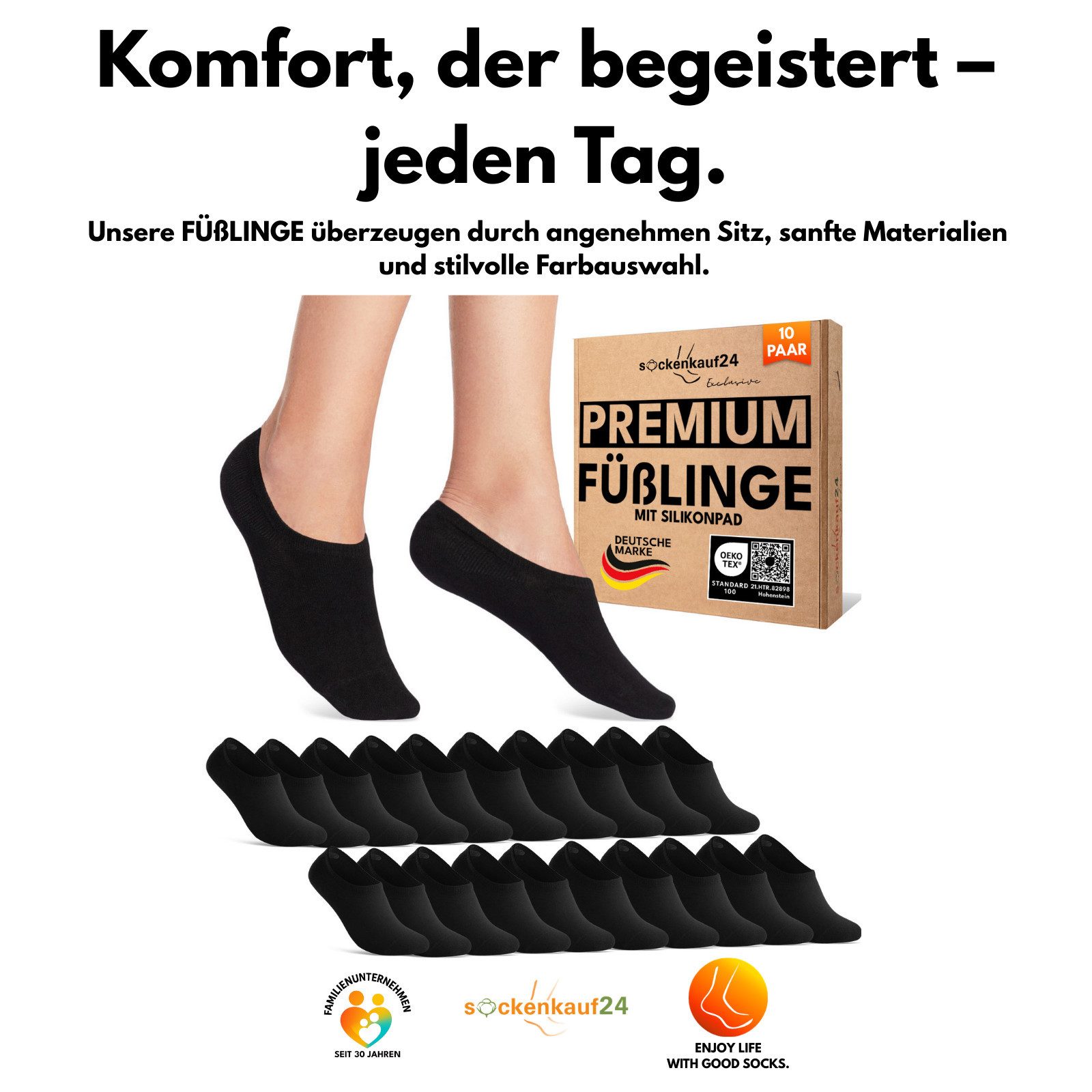 sockenkauf24 Füßlinge 10 Paar Premium Füßlinge Sneaker Socken Damen Herren Baumwolle (10-Paar) invisible Socks ohne Naht mit Silikonpad gegen Verrutschen - 70106T