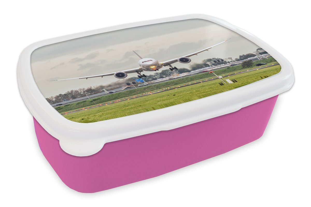 MuchoWow Lunchbox Landung eines Flugzeugs in Schiphol, Kunststoff, (2-tlg), Brotbox für Erwachsene, Brotdose Kinder, Snackbox, Mädchen, Kunststoff rosa