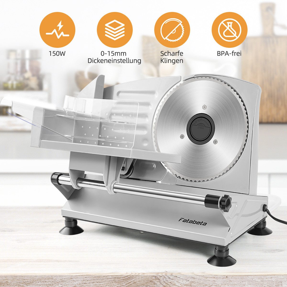FATABETA Allesschneider Brotschneidemaschine Elektrisch, Edelstahl Aufschnittmaschine, 150,00 W, mit stufenlos einstellbarer Schnittstärke,mit Abnehmbarer 17 cm Klinge