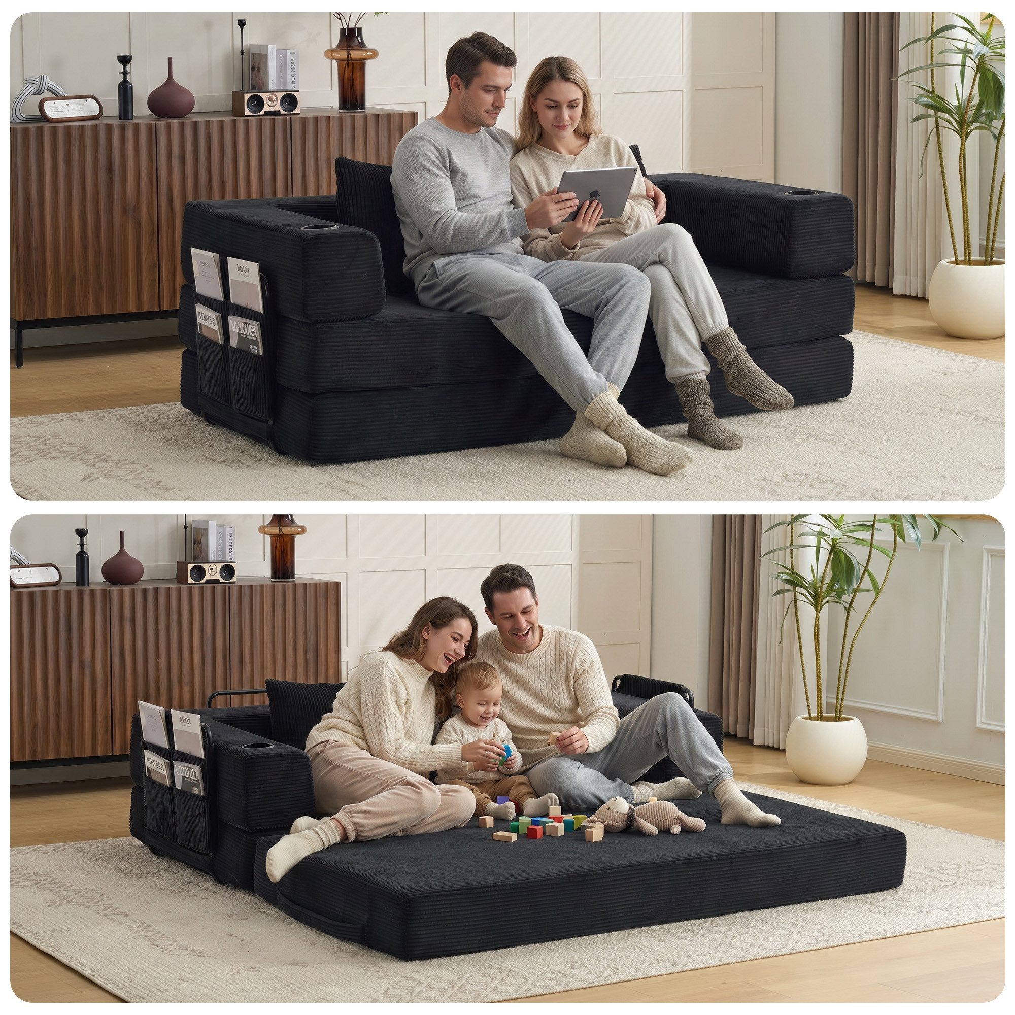 Vankel Loungebett Sofas Wohnzimmer, Sofa mit Schlaffunktion aus Cord mit Cupholder, Faltbares Schlafsofa mit Seitentaschen, Cupholdern und ohne Montage