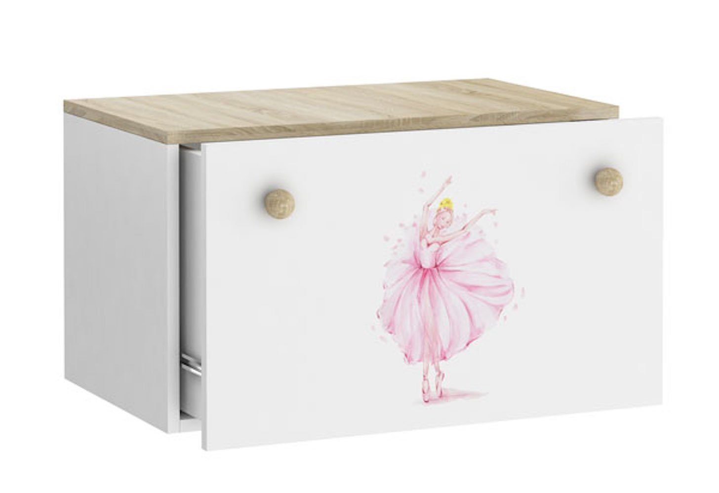 Feldmann-Wohnen Spielzeugtruhe Inga, 70cm weiß sonoma eiche Motiv Ballerina
