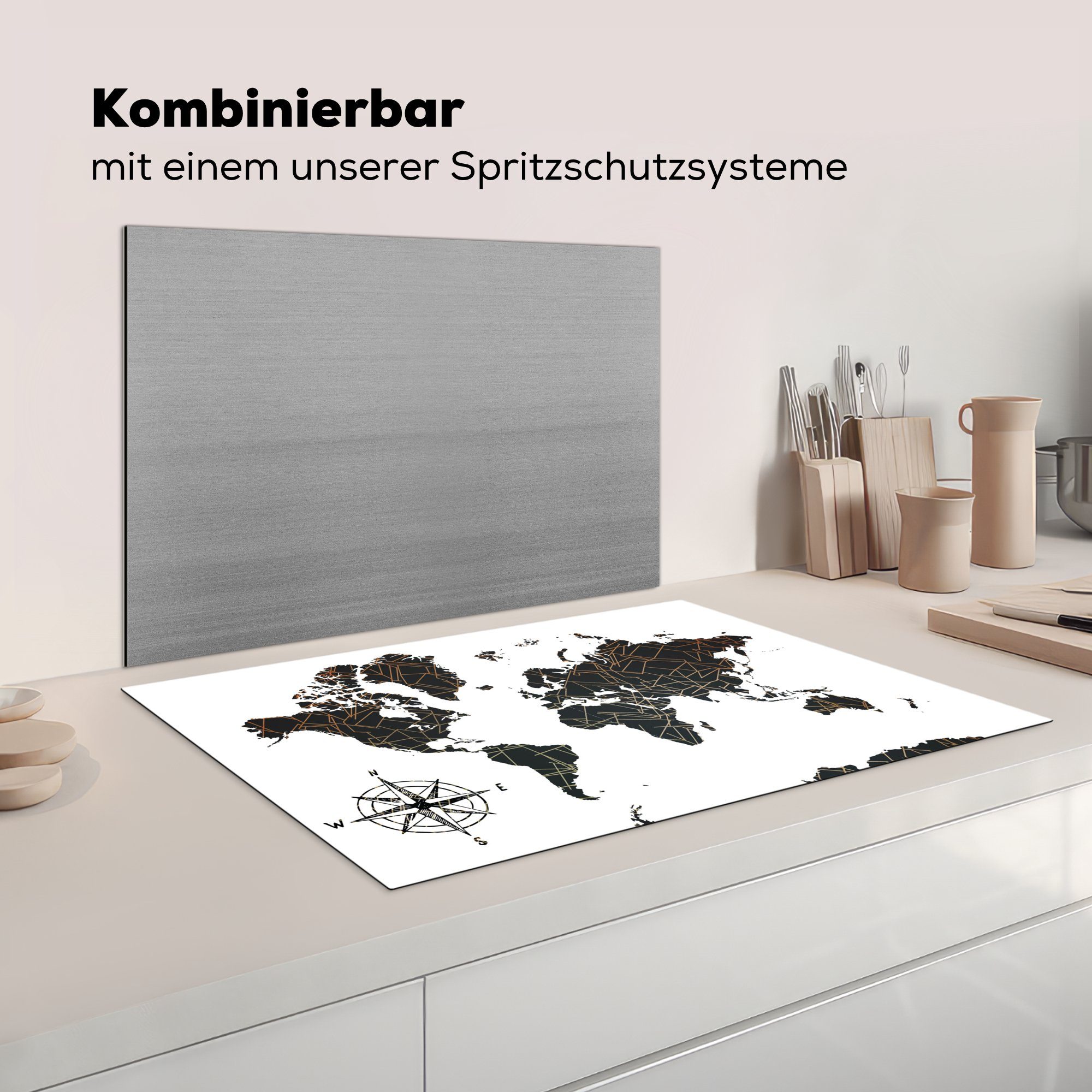 cm, Vinyl, - küche, die - (1 Schwarz MuchoWow Schutz Induktionskochfeld 81x52 tlg), Ceranfeldabdeckung - Weiß für Herdblende-/Abdeckplatte Weltkarte Kupfer,