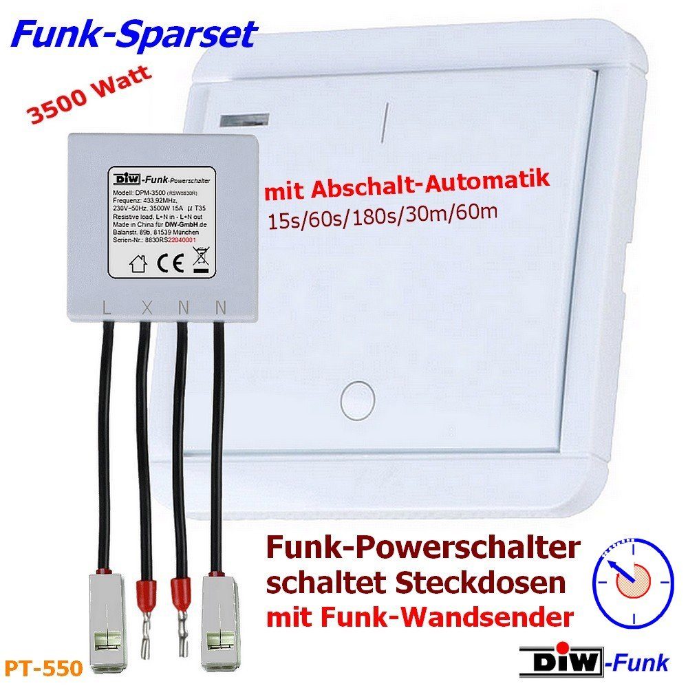 DIW-Funk Licht-Funksteuerung PT-550 DIW-Funk Timer SPARSET Powermodul 3500Watt + Wandsender mit 5-f, für Licht, Garagentore, elektrische Geräte, 1 Schaltkontakte, Komplettset, 1-tlg., Einbauempfänger + Wandsender, komplettes Set, funktioniert mit allen Geräten der DIW-Funk Serie
