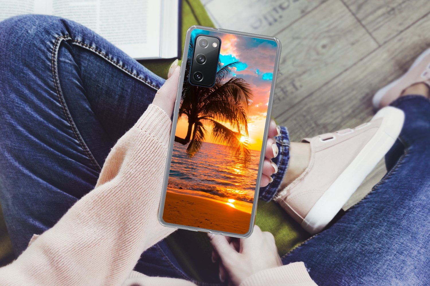 MuchoWow Handyhülle für Samsung Galaxy S20 FE Palme - Sonnenuntergang - Horizont - Strand, Phone Case, Silikon, Schutzhülle Dünn