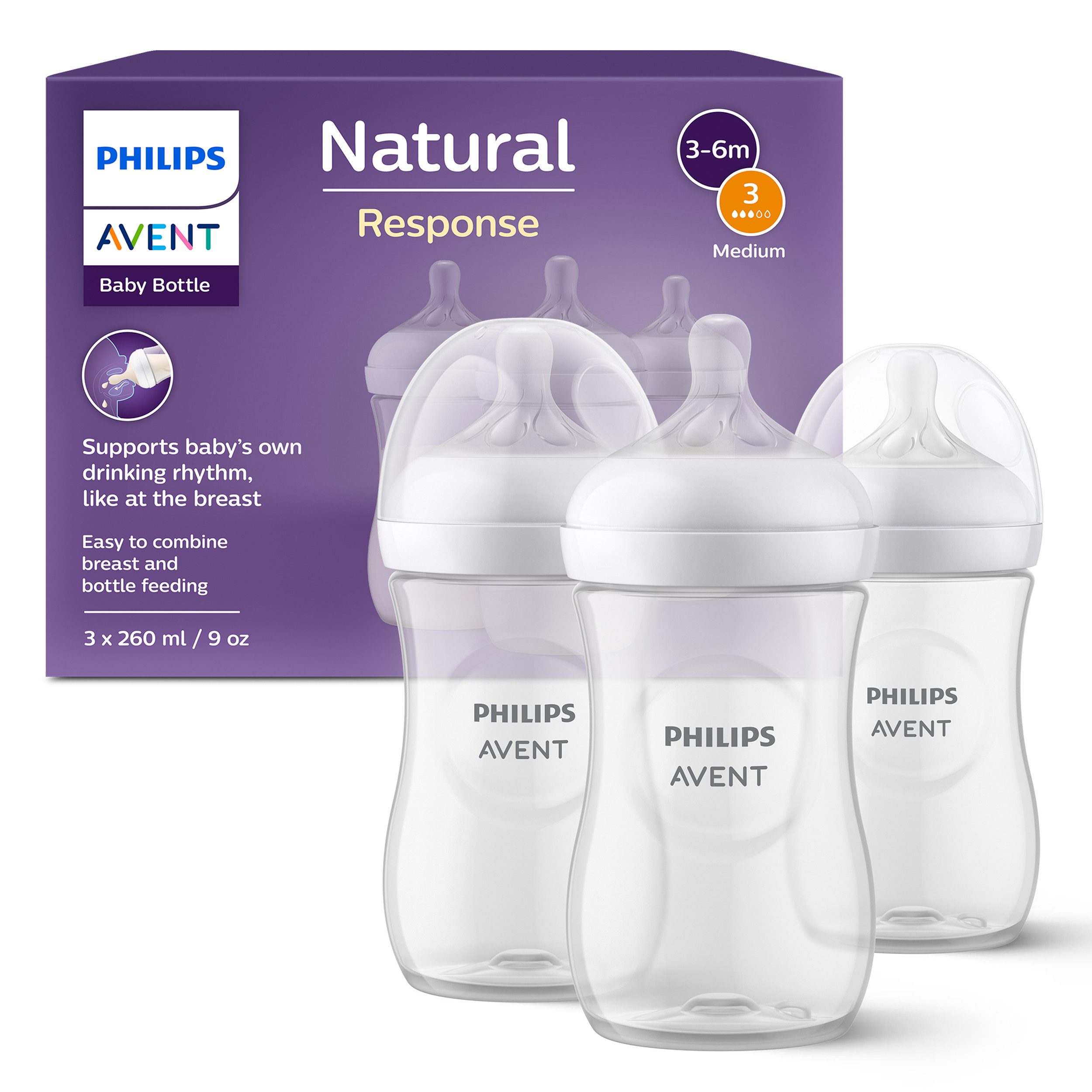 Philips AVENT Babyflasche Natural Response SCY903/03, 3 Stück, 260ml, ab dem 3. Monat