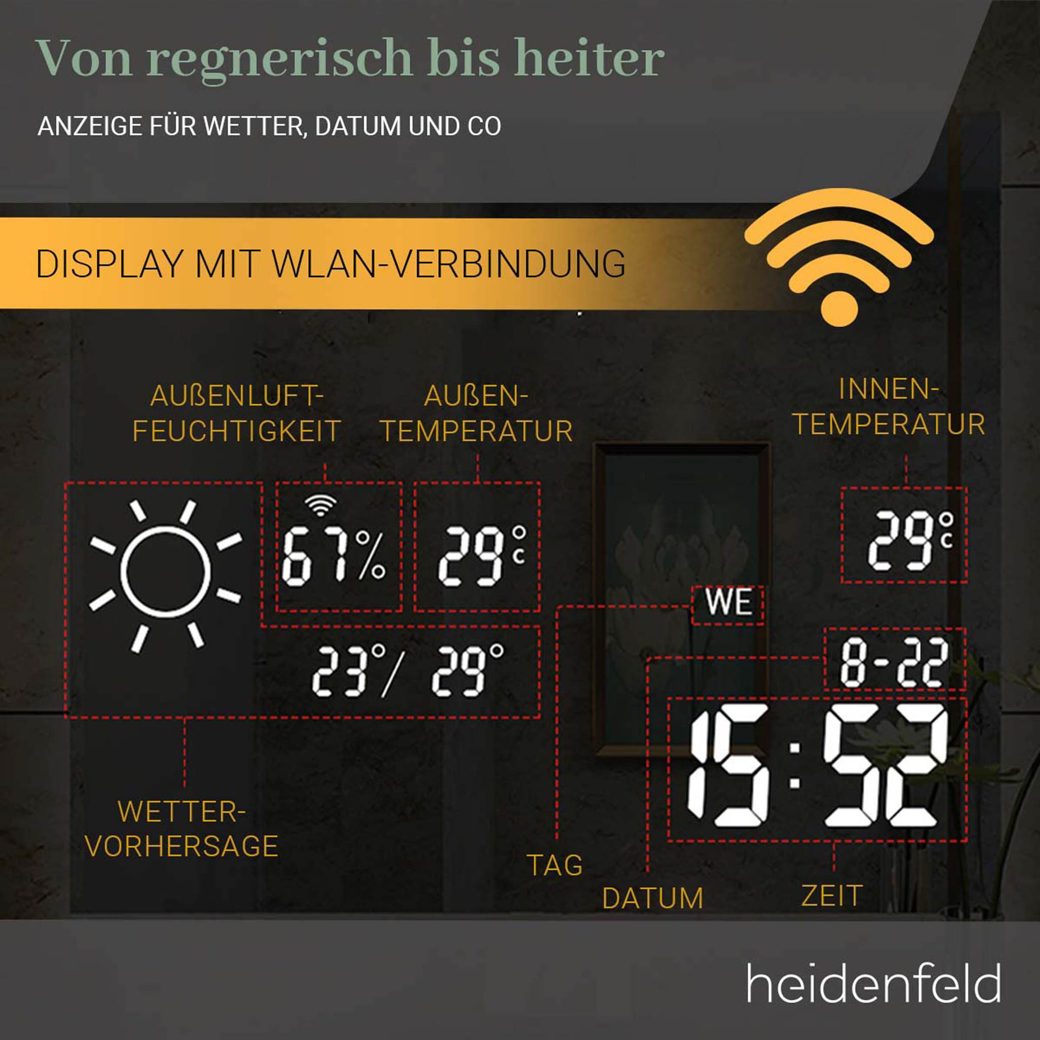 Heidenfeld Infrarotheizung Spiegelheizung HF-HS200 inkl. Touchdisplay 10 Jahre Garantie, Spiegel, Wetteranzeige, LED-Licht, Anti-Beschlag, bis 500 Watt, WIFI