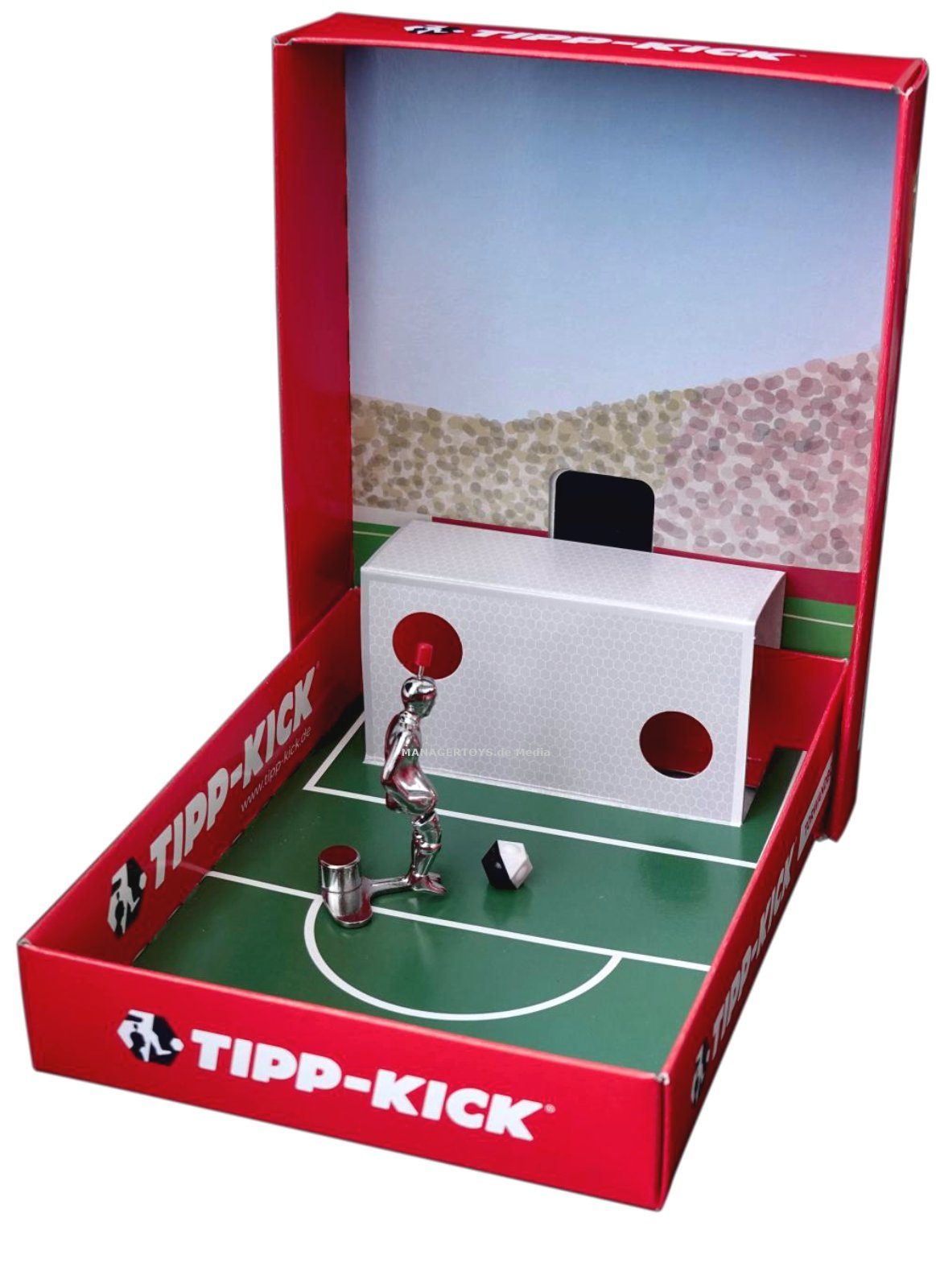 Tipp-Kick Tischfußballspiel Kicker Torwandbox SILBER Figur Spieler Tip Kick mit rundem Fuss mit Ball
