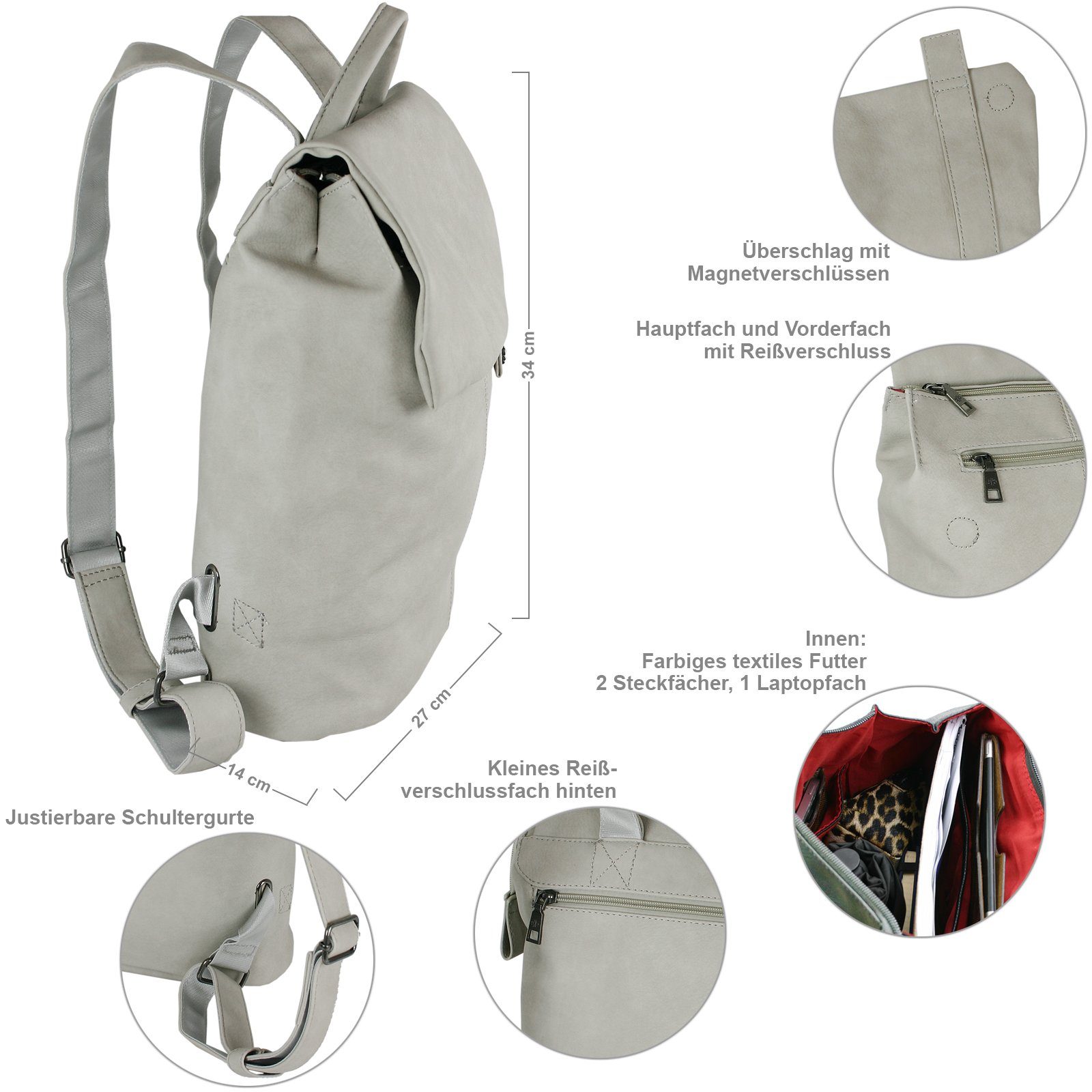 J JONES JENNIFER JONES Cityrucksack - Damen Daypack - Modischer handlicher Freizeitrucksack mit Tabletfach