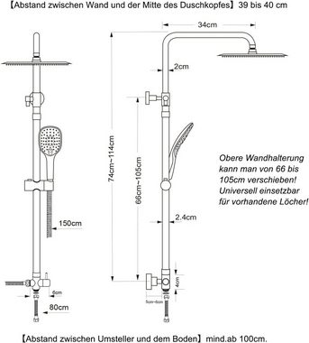 JOHO Duschsystem Edelstahl Duschset ohne Armatur, mit Regenduschset, Duschgarnitur, 3 Strahlart(en), Handbrause mit 3 Strahlarten, Überkopfbrause eckig 25x25cm