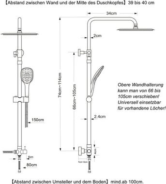 JOHO Duschsystem Duschset ohne Armatur, chrom, Edelstahl eckige Kopfbrause 20x20cm, Regendusche set, Überkopfbrause set, Duschgarnitur