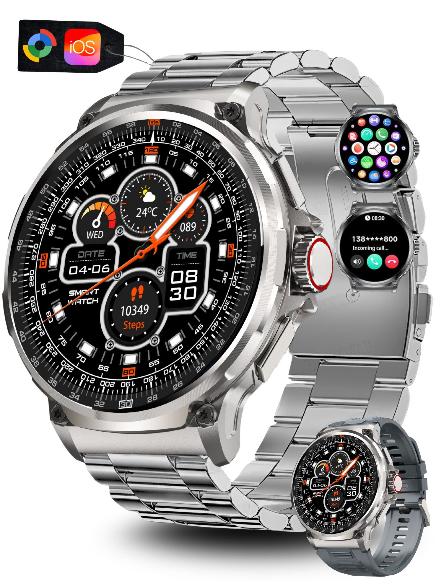 S&T Design Smartwatch Fitness Tracker Uhr für Herren mit Telefonfunktion Groß Smartwatch (iOS + Android) Geschenkbox, (Android und iOS), 1,85" AMOLED-Display Whatsapp Herzfrequenz-/Schlafüberwachung