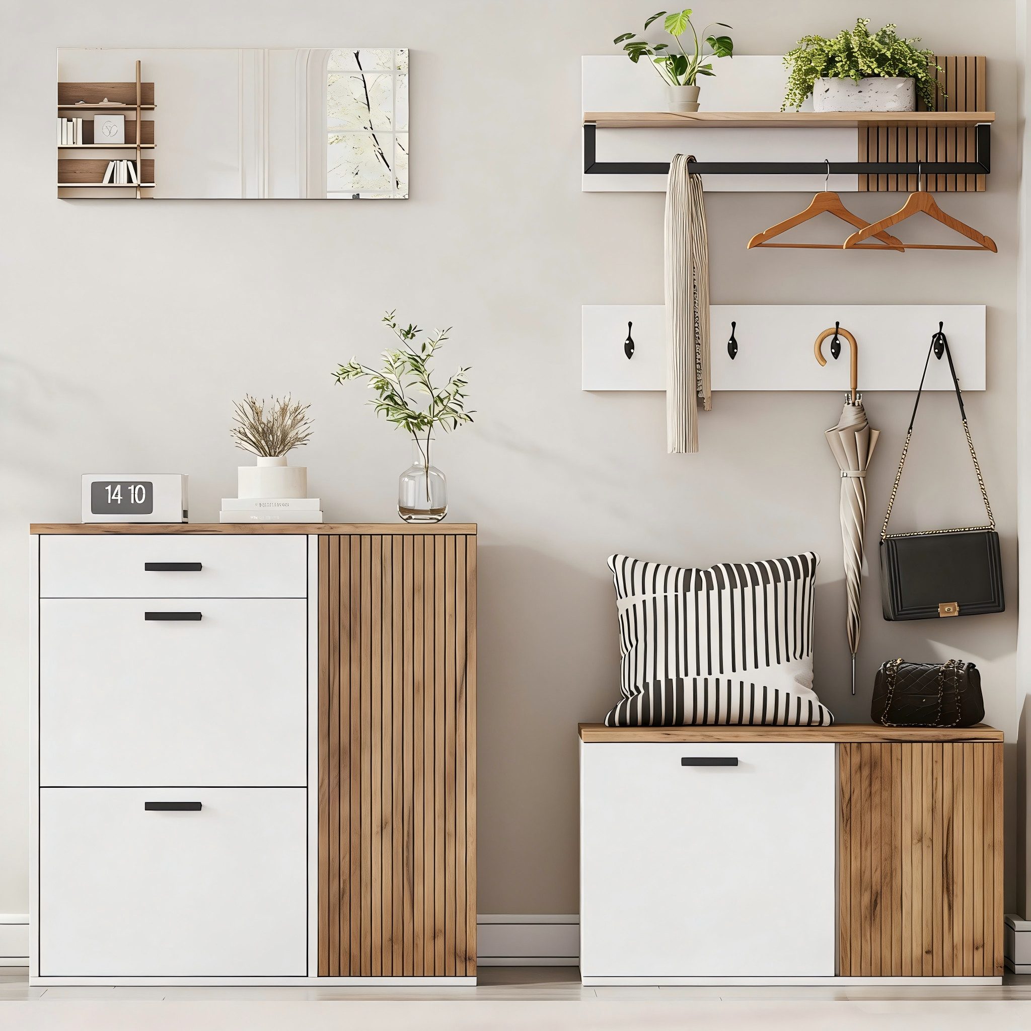 Merax Garderoben-Set 5-teilig Garderobenschrank in Holz und Schwarz/Weiß, (5-St., Eingangsbereich-Schrank Flurmöbel), mit Schuhschrank,Kommode,Spiegel, Hutablage,Garderobenpaneel mit Haken