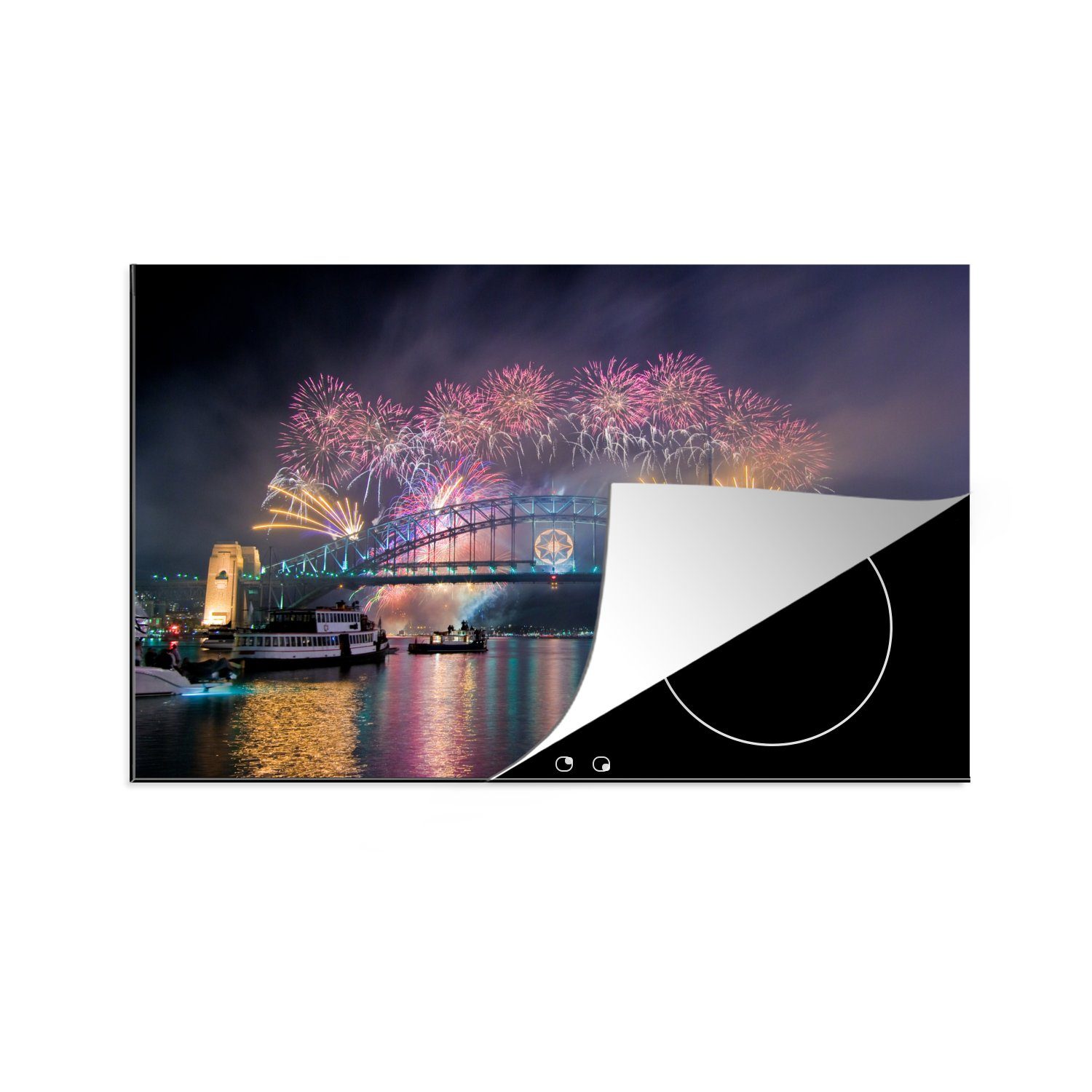 MuchoWow Herdblende-/Abdeckplatte Das Feuerwerk über Sydney zu Neujahr in Australien, Vinyl, (1 tlg), 81x52 cm, Induktionskochfeld Schutz für die küche, Ceranfeldabdeckung