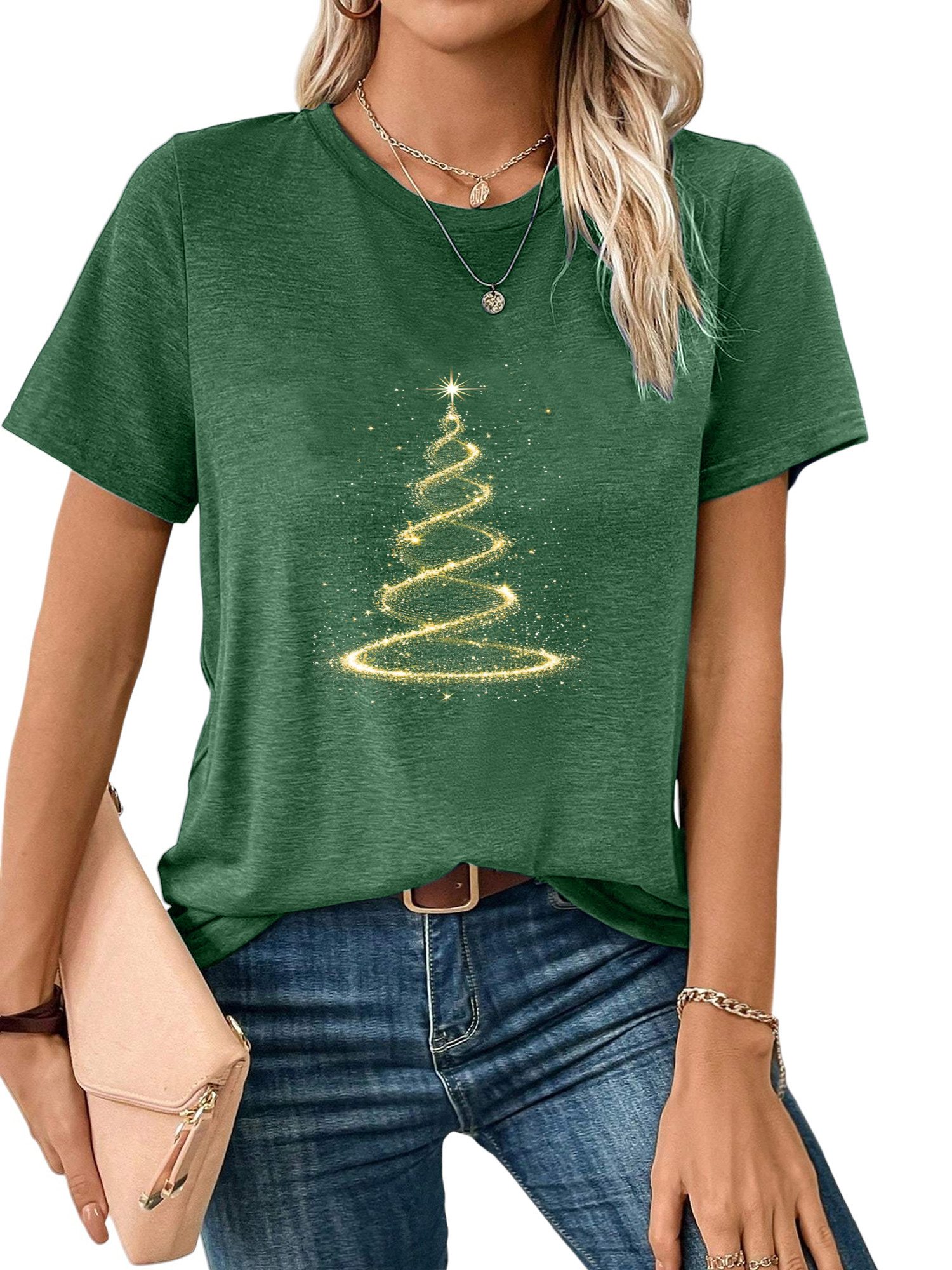 PYLIKE Print-Shirt Damen bequemes Kurzarmbluse Festlich Weihnachtsbaum Print-Shirt Weihnachten Special Feiertag tragen