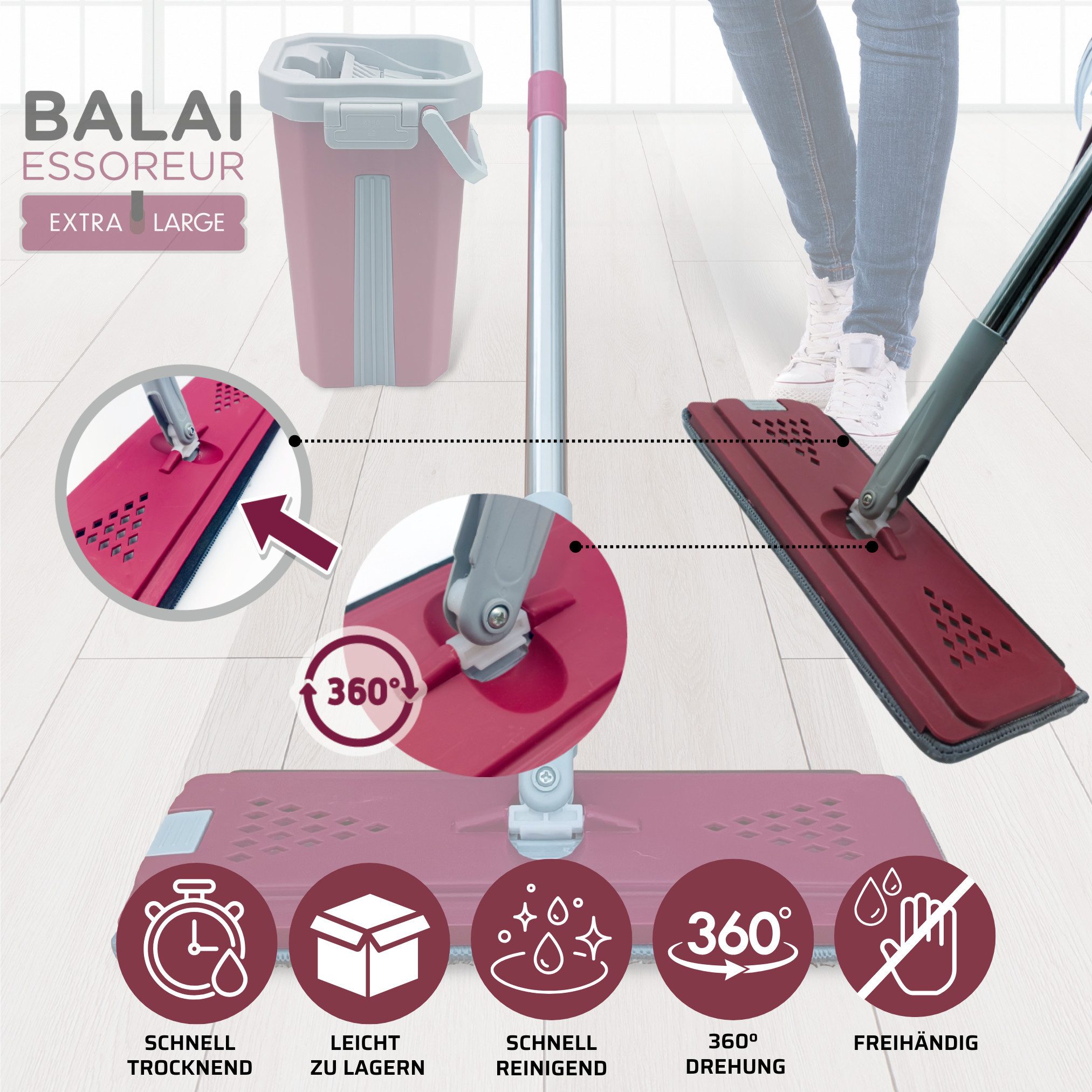 Venteo Wischmopp Balai Clean & Dry Mop Bodenwischer-Set, (Spar-Set), selbstreinigendes Wischsystem, Doppelkammereimer, 2,7 Liter