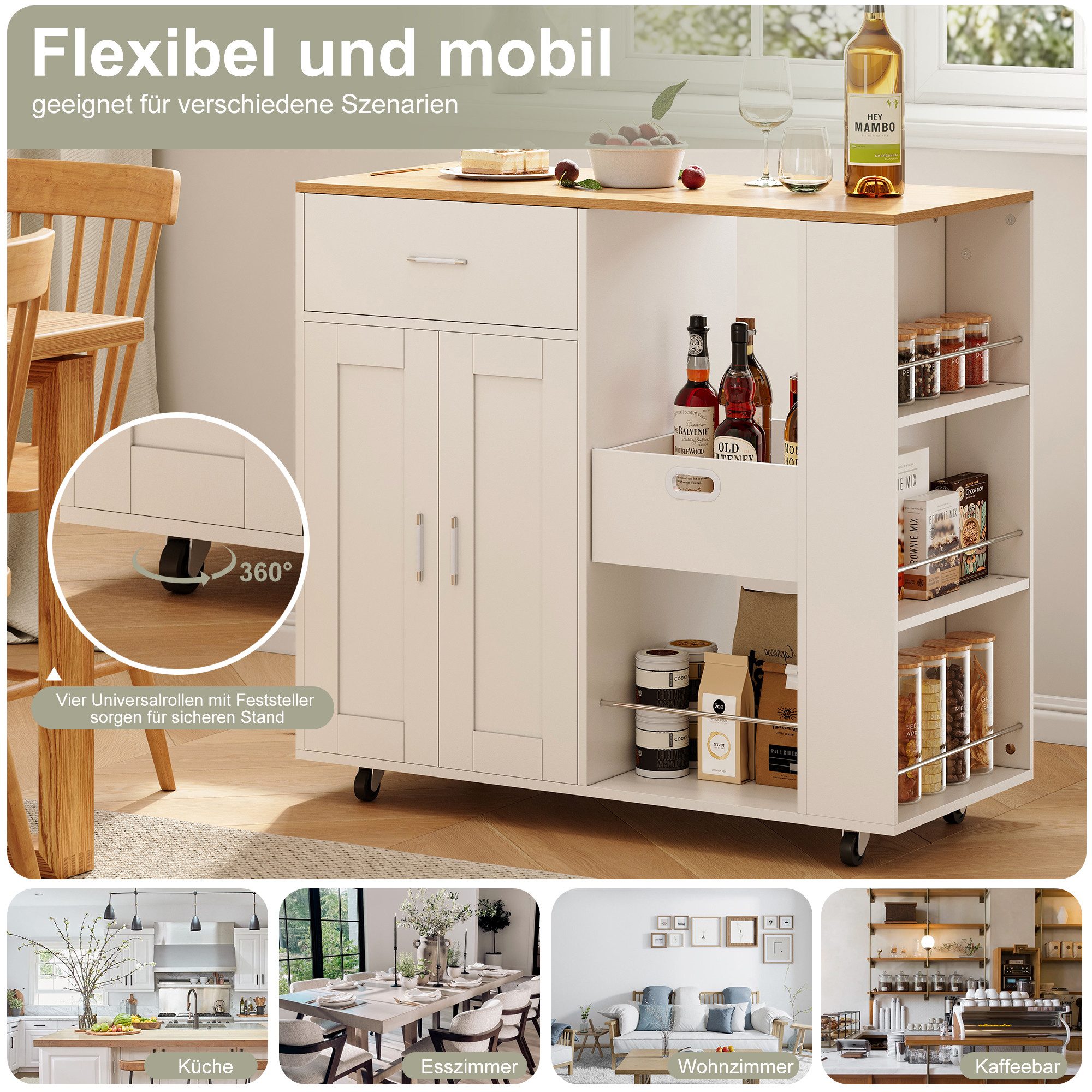 FUROKOY Kücheninsel Küchenwagen auf Rollen, Holz Bewegliche Kücheninsel, (mit Schubladen, Regale, Aufbewahrungsboxen und ein Gewürzregal), für Küche und Esszimm – Bild 5 von 5