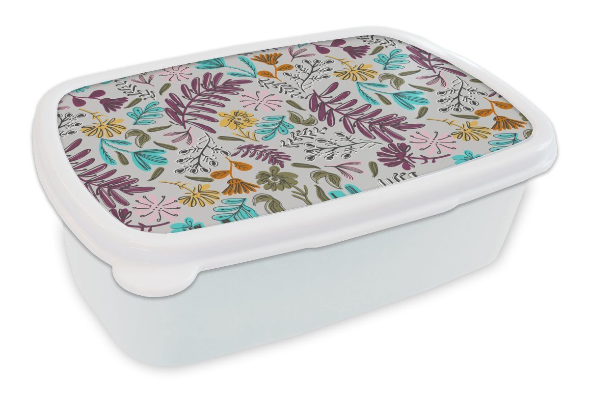MuchoWow Lunchbox Blumen - Blätter - Muster, Kunststoff, (2-tlg), Brotbox für Kinder und Erwachsene, Brotdose, für Jungs und Mädchen weiß