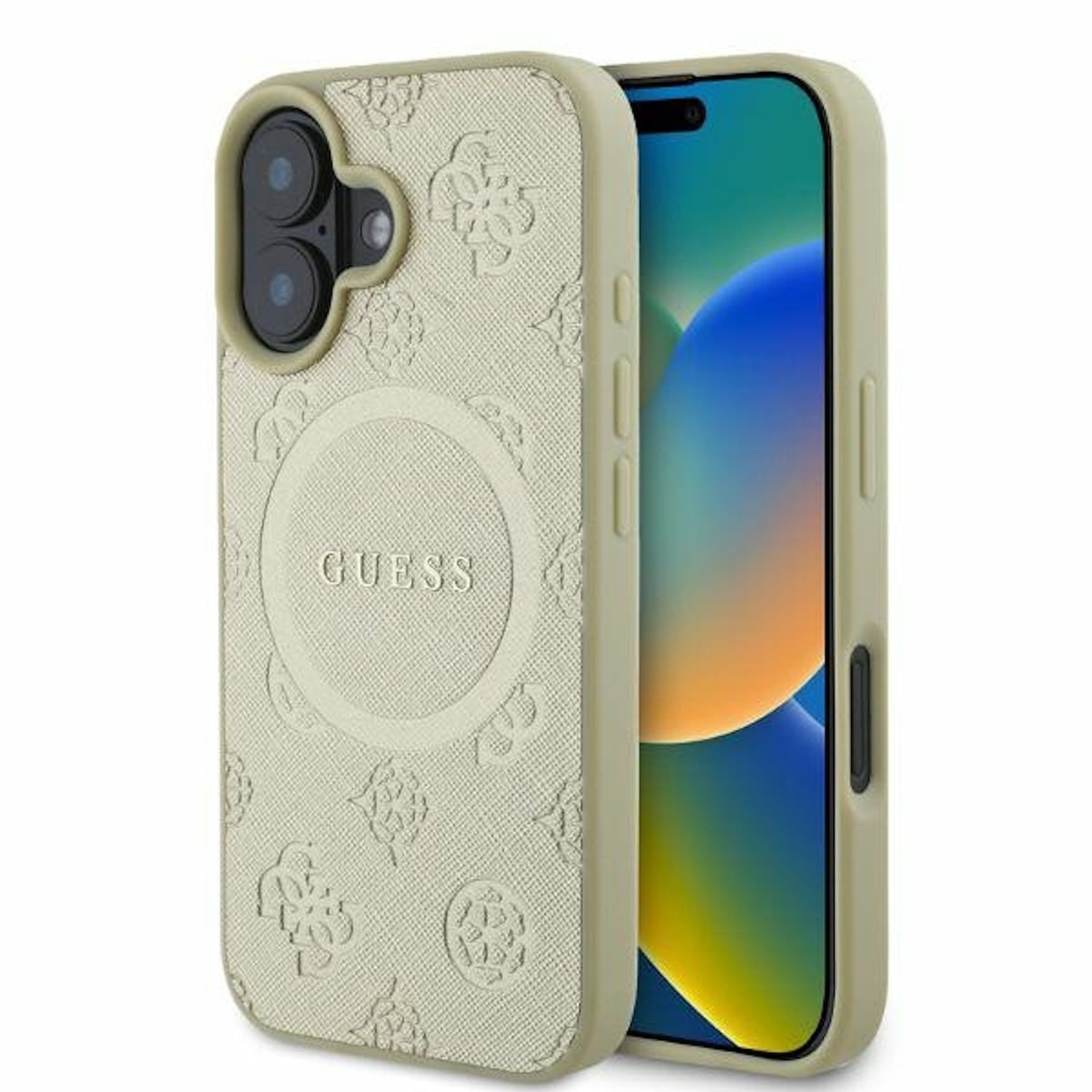 Guess Smartphone-Hülle GUESS Apple iPhone 16 Saffiano Peony Classic Logo MagSafe Hülle Gold