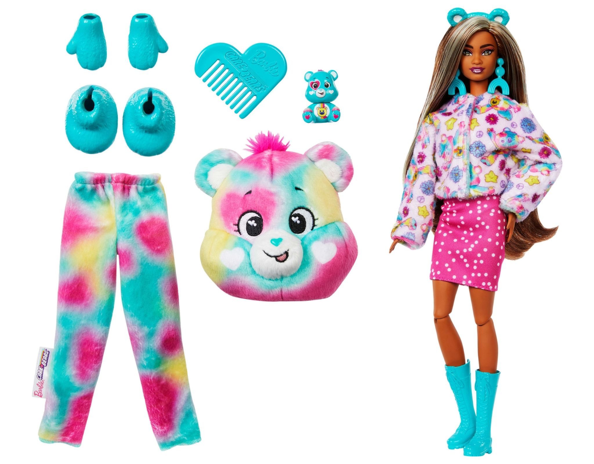 Barbie Anziehpuppe Cutie Reveal Puppe Plüschkostüm Glücksbärchen grün pink gelb