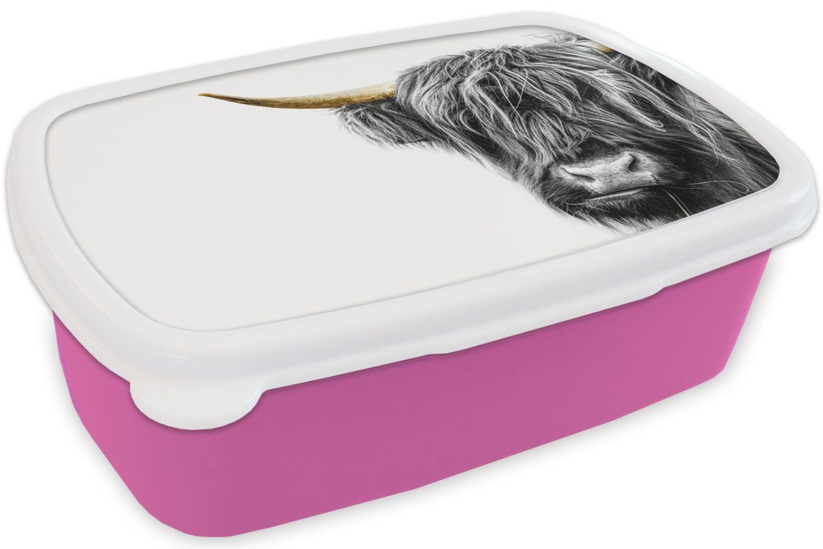 Lunchbox für Erwachsene, Brotdose - Scottish Highlander Kunststoff Schwarz Mädchen, rosa Snackbox, & Gold, Kunststoff, (2-tlg), MuchoWow Weiß - Kinder, Brotbox