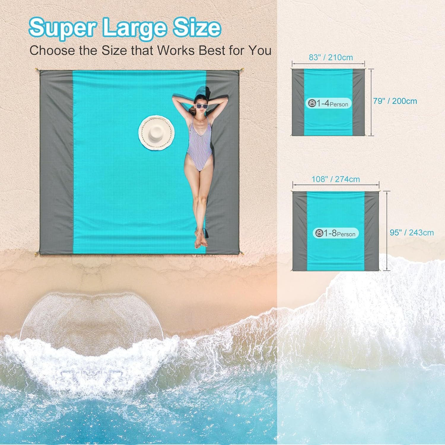 Picknickdecke XXL Stranddecke Picknickdecke 243×274 cm wasserdicht Blau, ISOPHO, Sandfrei, wasserdicht, faltbar, windfest, reißfest, kompakt – Bild 3 von 5