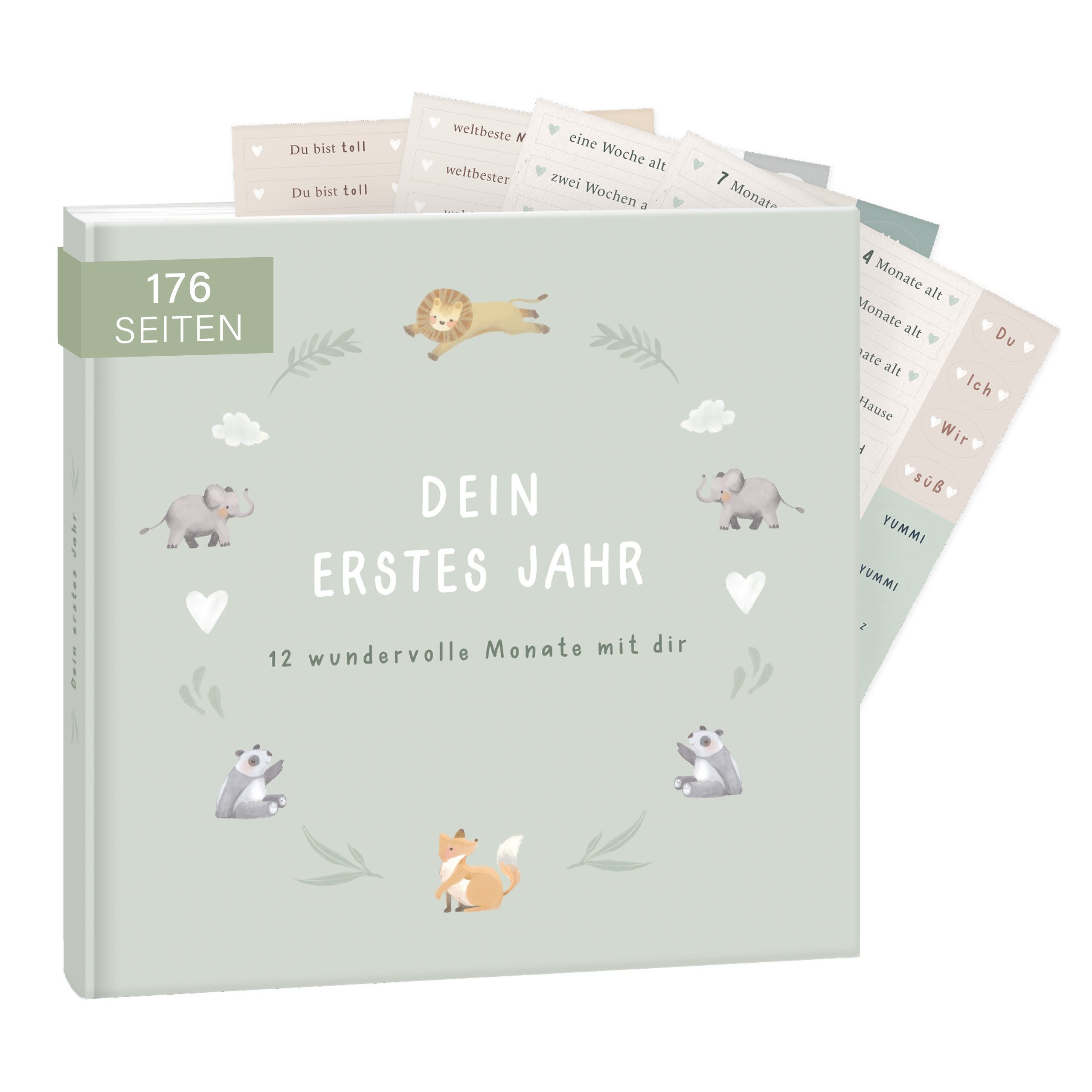 mintkind Tagebuch Babyalbum mein erstes Jahr - Erinnerungsbuch 176 Seiten, Babytagebuch mit Stickern, Naturdesign & Platz für Fotos