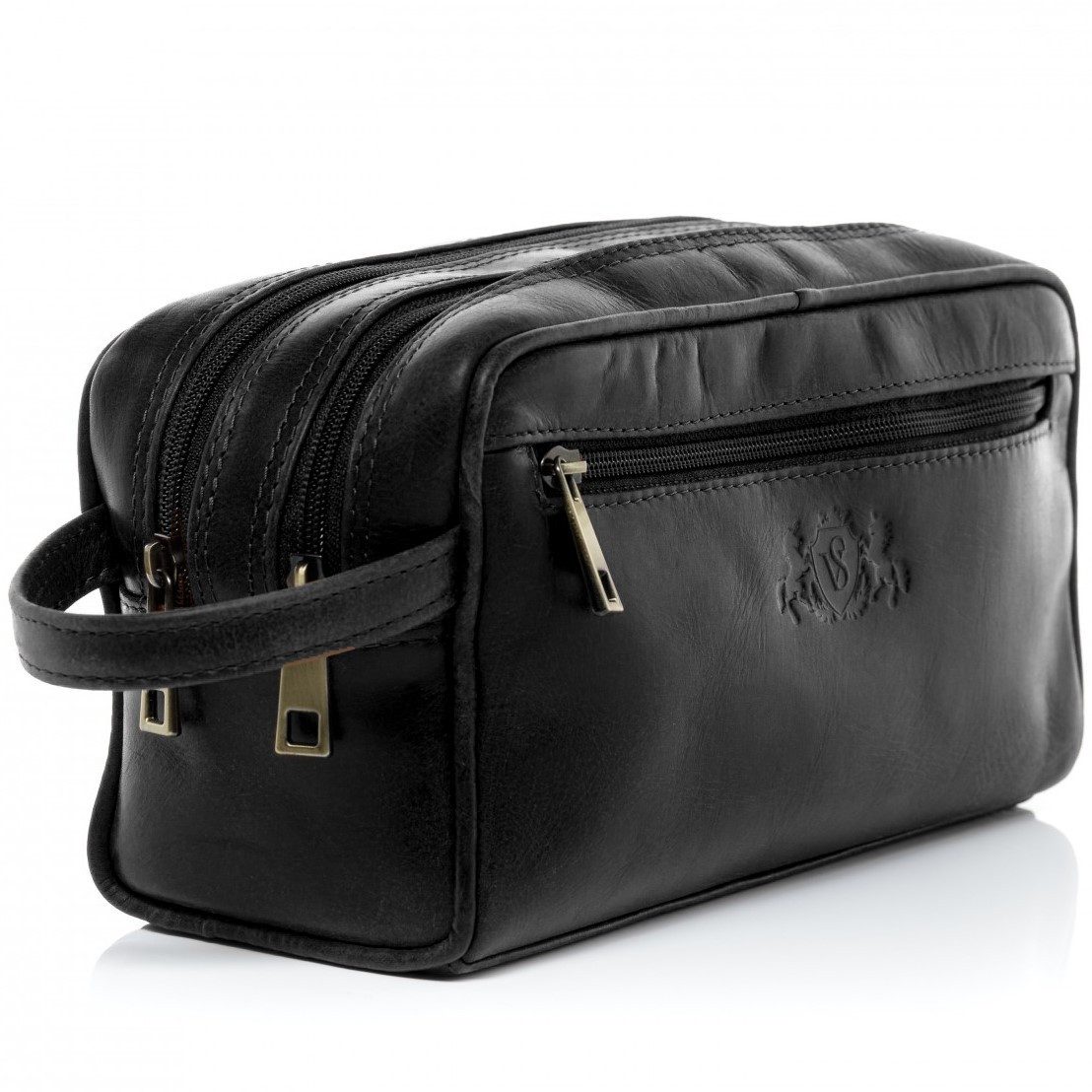 SID & VAIN Kosmetiktasche echt Leder Kulturtasche groß schwarz GATWICK, Waschbeutel Echtleder für Damen & Herren, Kosmetiktasche schwarz