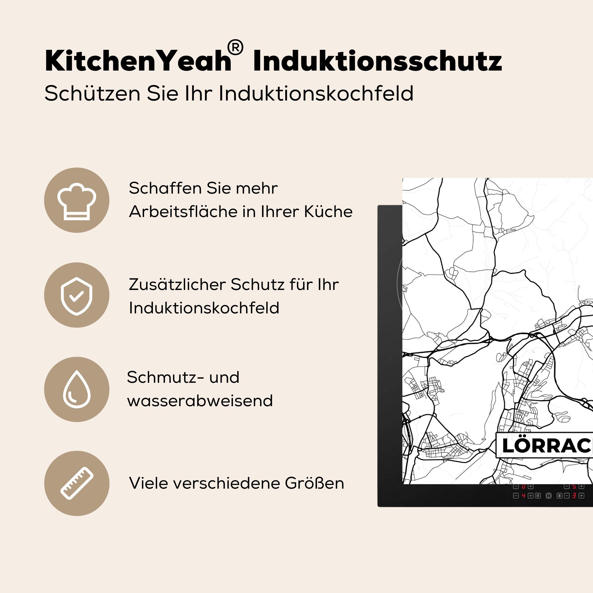 MuchoWow Herdblende-/Abdeckplatte Karte - Vinyl, Ceranfeldabdeckung, Stadtplan, tlg), (1 cm, 78x78 Lörrach - küche für Arbeitsplatte