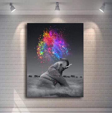 TPFLiving Kunstdruck (OHNE RAHMEN) Poster - Leinwand - Wandbild, Grauer Elefant mit bunten Regenbogen Farben (Verschiedene Größen), Farben: Leinwand bunt - Größe: 20x30cm