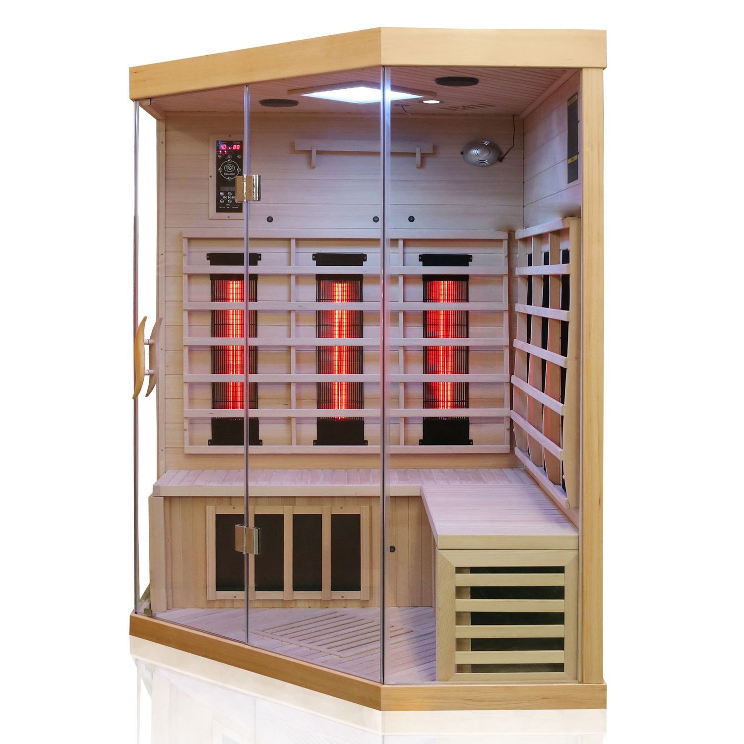 Dewello Infrarotkabine BRANDON 140 Wärmekabine, bis zu 4 Personen, 6 Vollspektrumstrahler, BxTxH: 140 x 140 x 190 cm, (mit großer Farblichttherapie, inkl. Ionisator mit Ozondesinfektion und Aromatherapie, Multimedia und zusätzlich USB-Anschluss & Bluetooth möglich) Sauna aus Hemlock-Tannenholz, leichter Aufbau dank Stecksystem