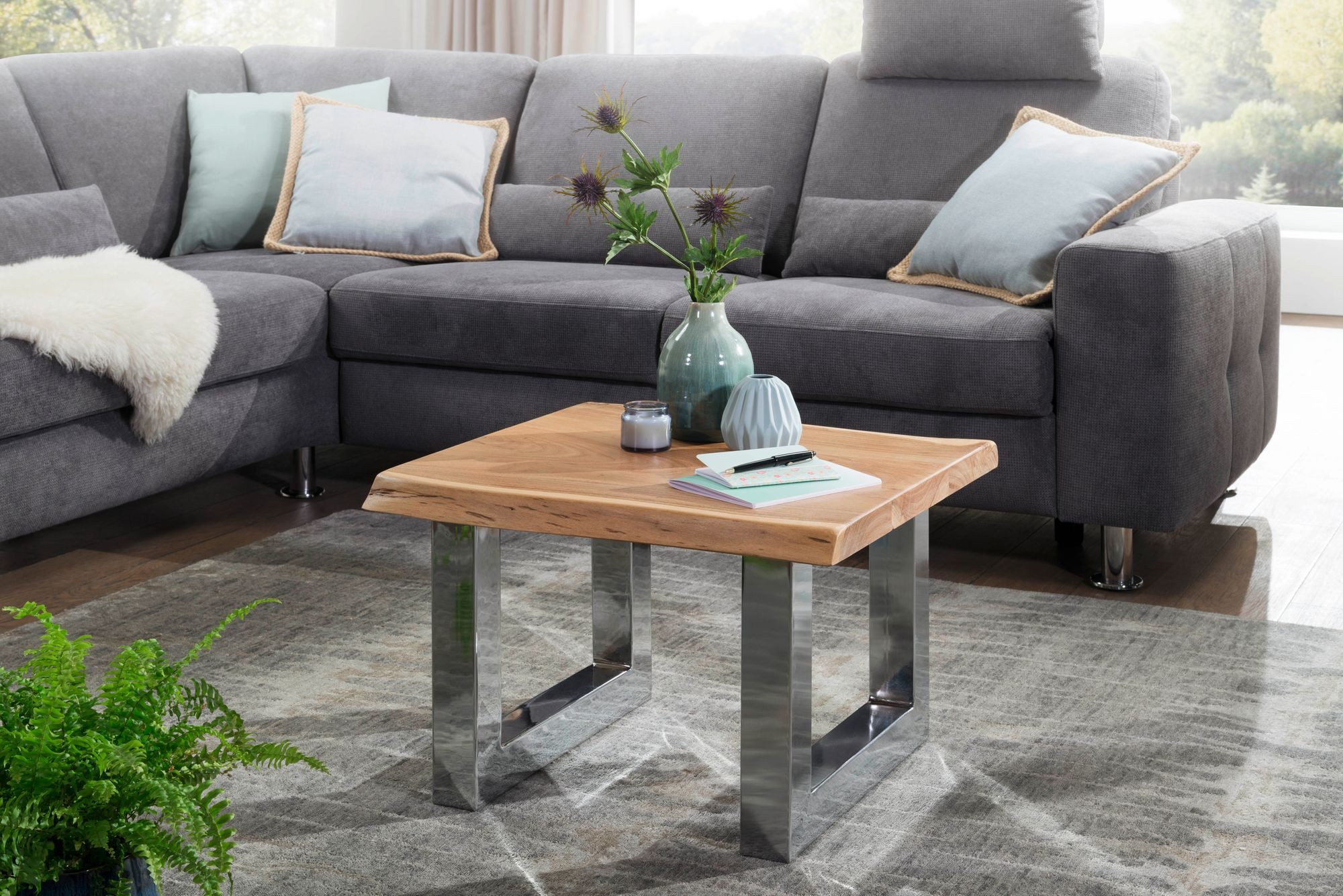 FINEBUY Couchtisch FB49684 Akazie Wohnzimmertisch Holz Massiv Baumkante Sof günstig online kaufen