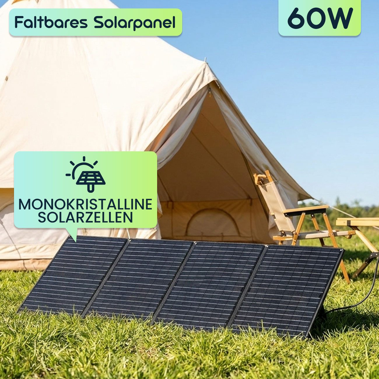 shop'n smile ideoon Solarmodul Faltbares Solarpanel 60W: Tragbares Solarladegerät, MC4 & DC, (1-St), Ösen & Karabinern für Camping