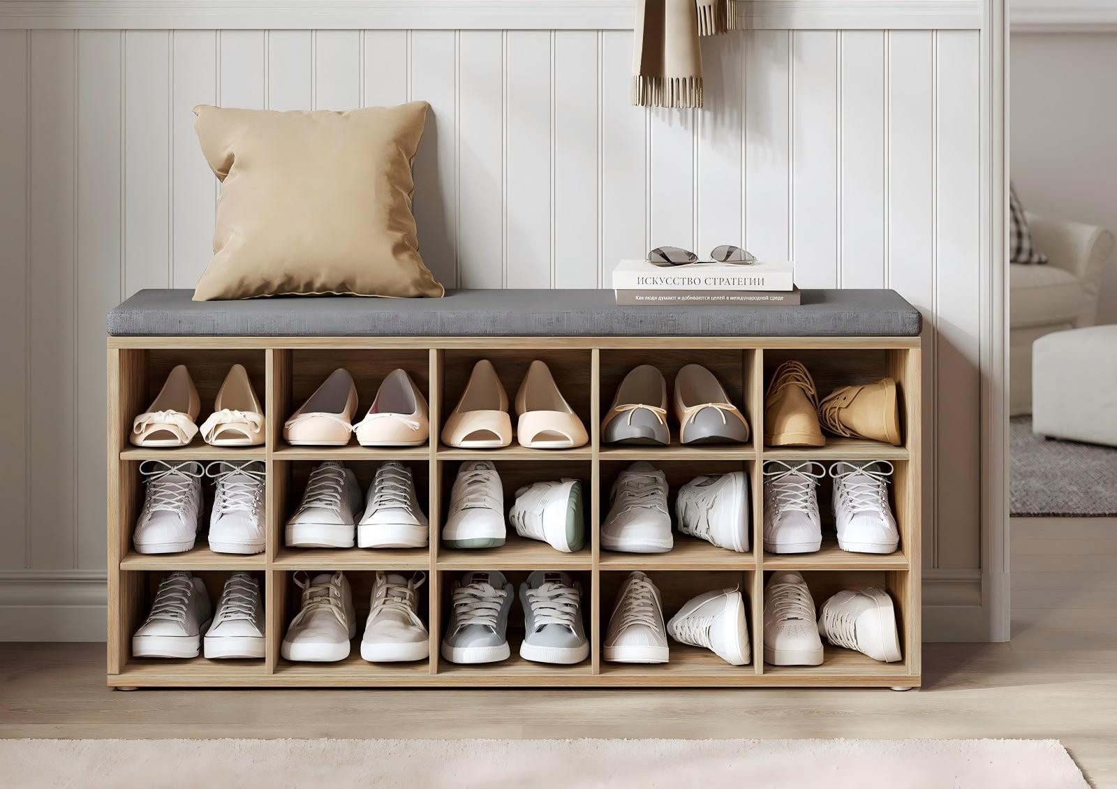 VASAGLE Schuhbank Sitzbank, Schuhregal mit Sitzfläche, mit Kissen und 15 Fächern, 105 x 30 x 48 cm