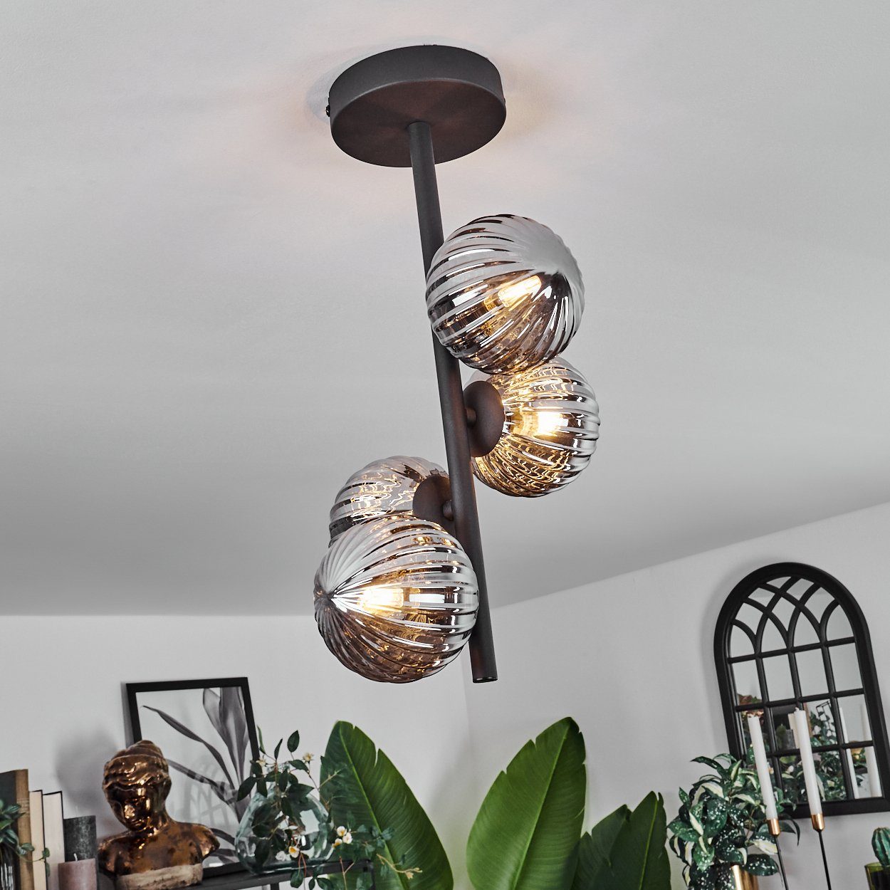 ohne Leuchtmittel, in ohne im Deckenleuchte aus Retro-Design x 4 Glas, hofstein Leuchtmittel Schwarz/Rauchfarben Deckenlampe Metall/Glas LED, Leuchte in aus G9 Riffel-Optik,