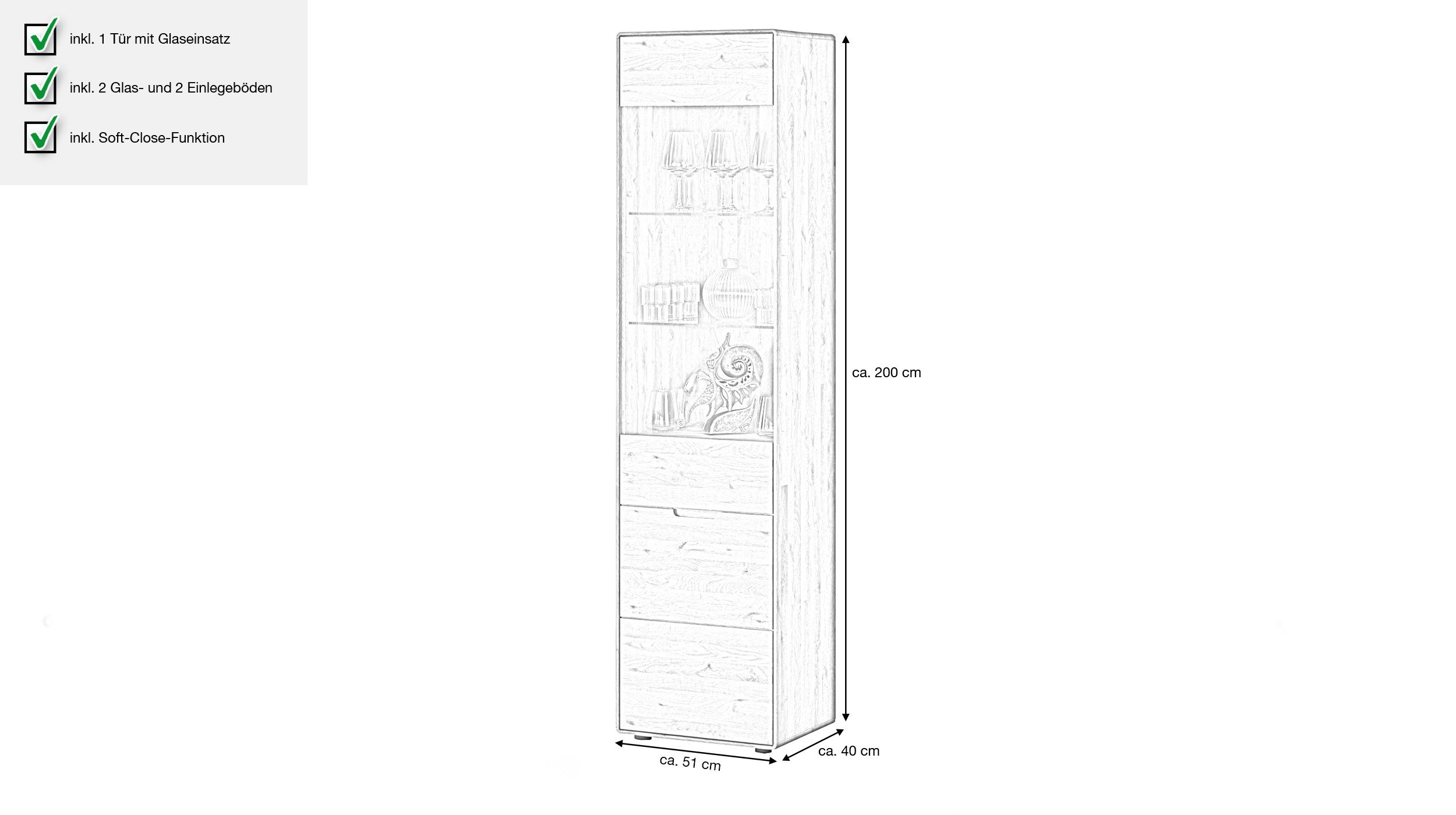 Massivart® Vitrine LUCAS montiert / Vitrinenschrank Glastür / Massivholz Wildeiche geölt 4 Einlegeböden / Soft-Close-Funktion