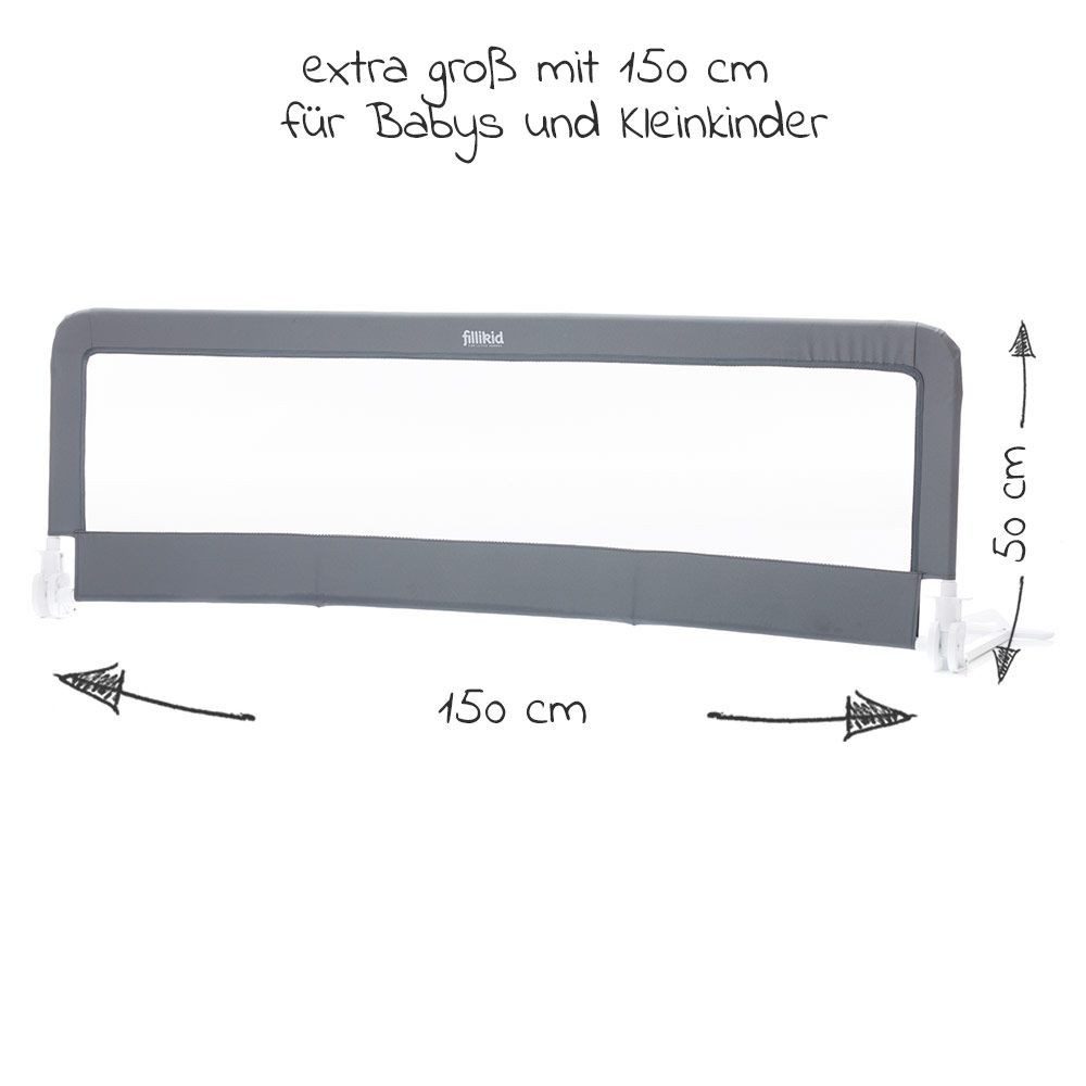 Fillikid Bettschutzgitter Grau, Rausfallschutz 150 x 50 cm klappbar für Standard & Boxspringbett