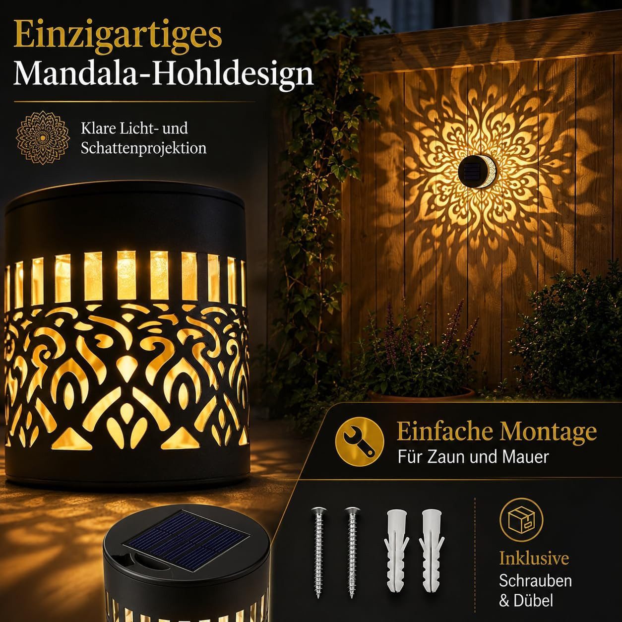 Vornix LED Solarleuchte Solarlampen für Außen,2 Stück Decorative Solar Mandala Lights, Mandala Solar Lights,Solar Wandleuchte, LED Garden Lantern Wasserdichte f – Bild 2 von 5