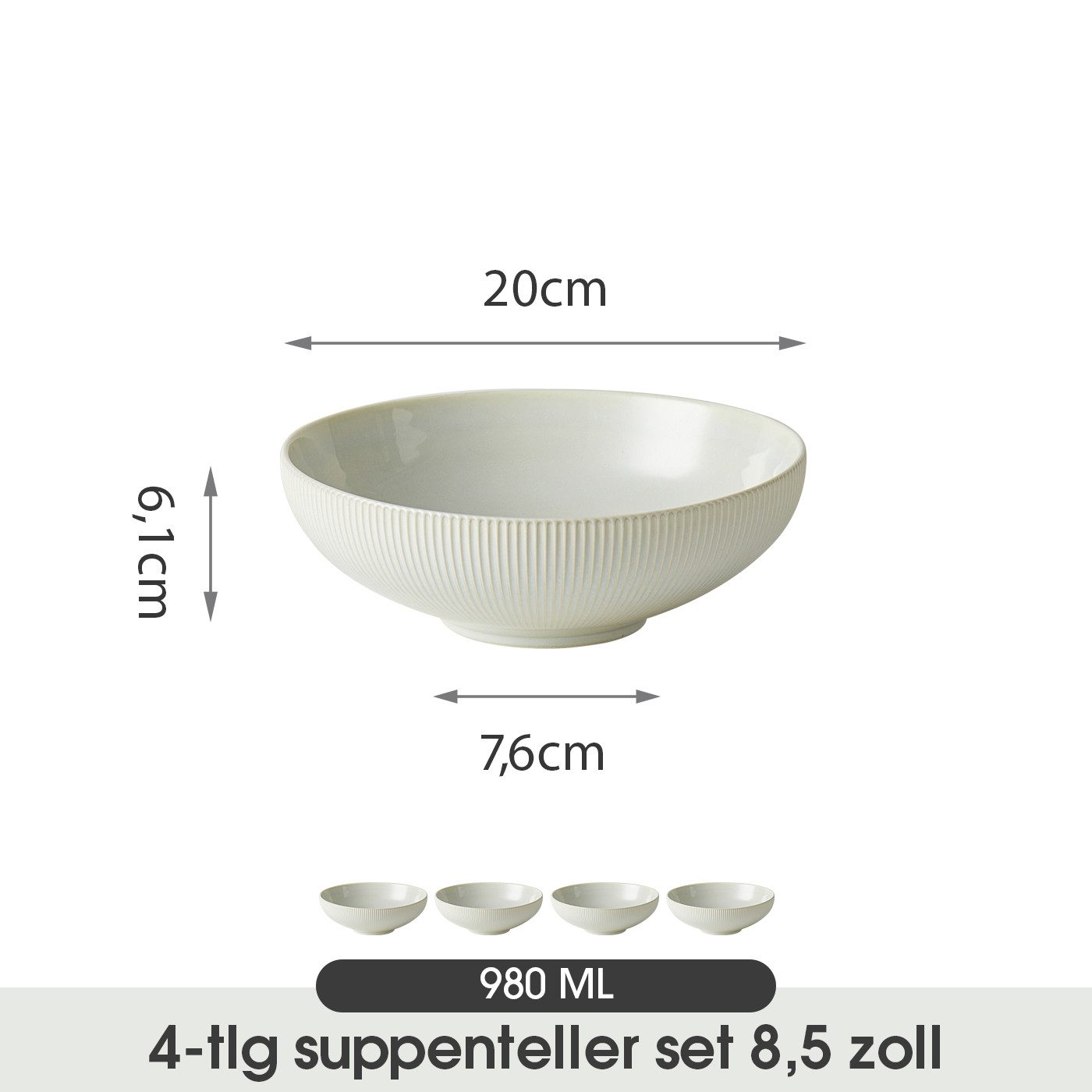 JIWOO Suppenteller 4er Ø20cm Speiseteller Salatteller Pastateller Teller Suppenschüssel, (4 St), Hochwertiges Keramik Tellerset WeiB Mikrowellen spülmaschinenfest