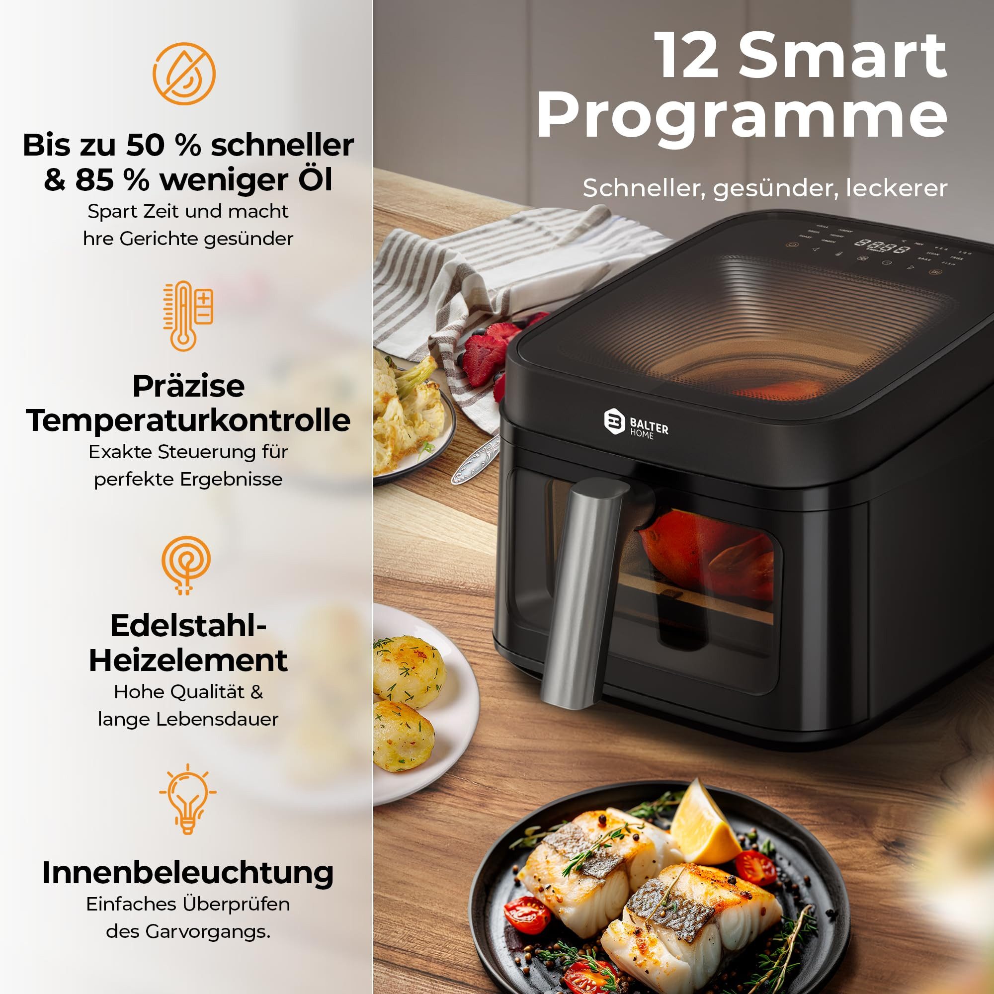 Balter Heißluftfritteuse, 1700 W, Airfryer, 6,5 L, transparentem Deckel und Sichtfenster